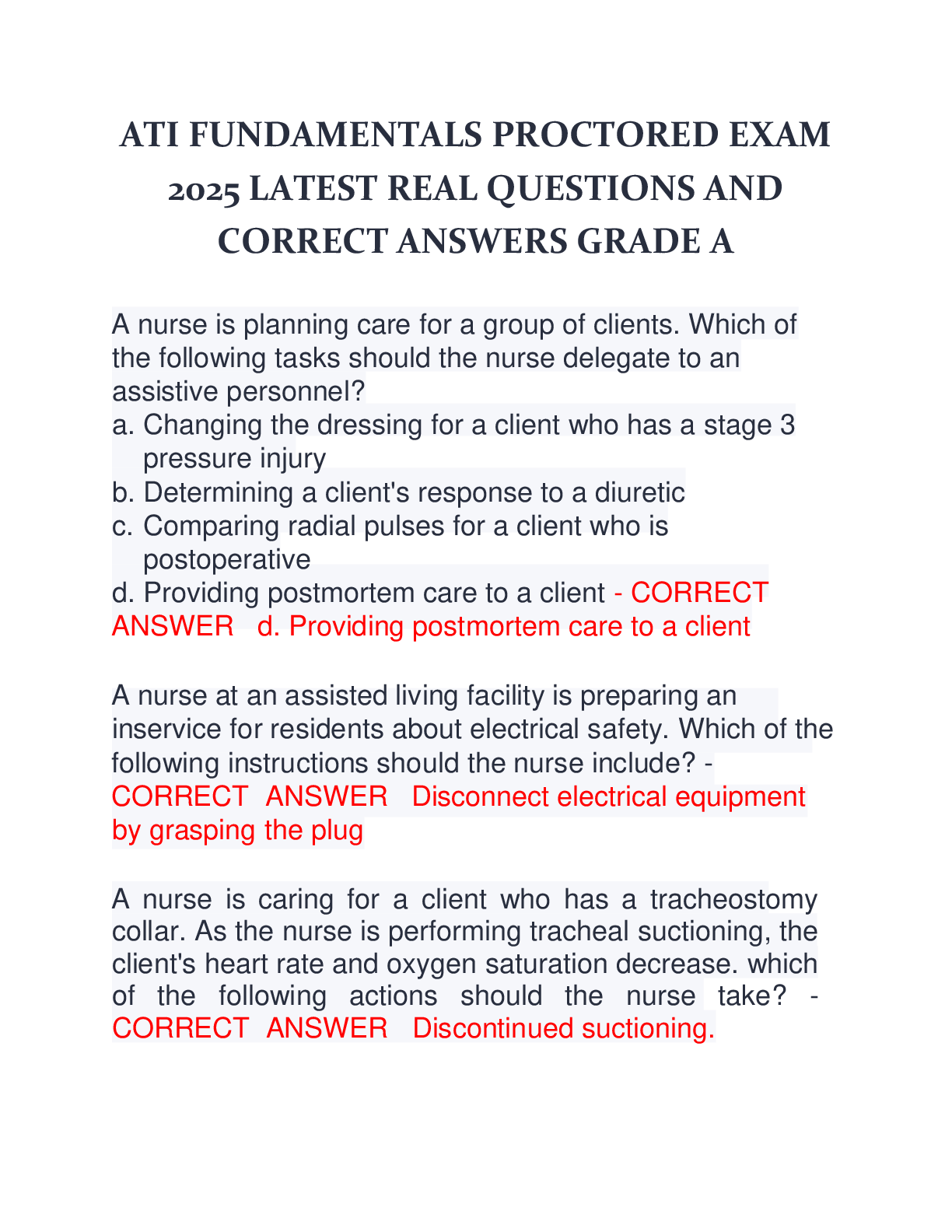 Preview of ATI FUNDAMENTALS PROCTORED EXAM  2025 LATEST REAL QUESTIONS AND  CORRECT ANSWERS GRADE A