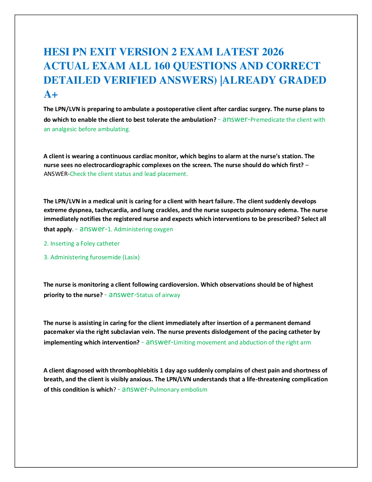 HESI PN EXIT VERSION 2 EXAM LATEST 2026   ACTUAL EXAM ALL 160 QUESTIONS AND CORRECT   DETAILED VERIFIED ANSWERS) |ALREADY GRADED  A+