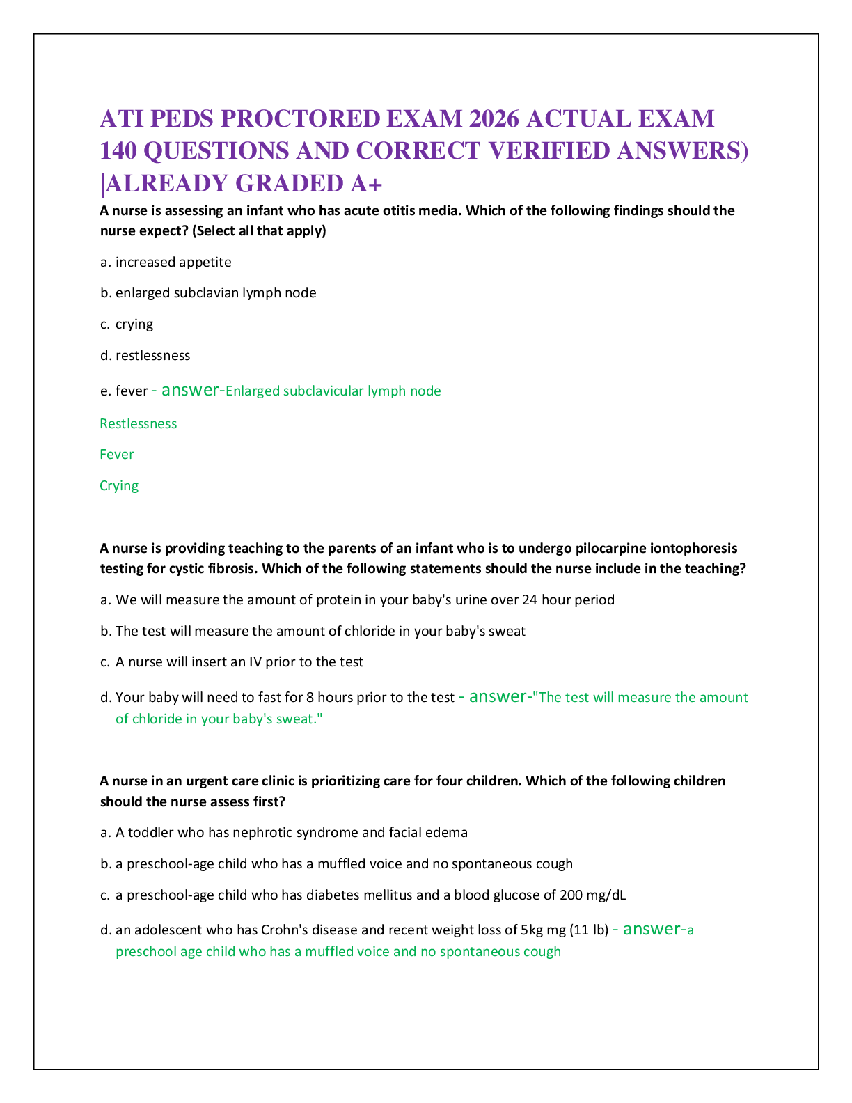 ATI PEDS PROCTORED EXAM 2026 ACTUAL EXAM   140 QUESTIONS AND CORRECT VERIFIED ANSWERS)  |ALREADY GRADED A+