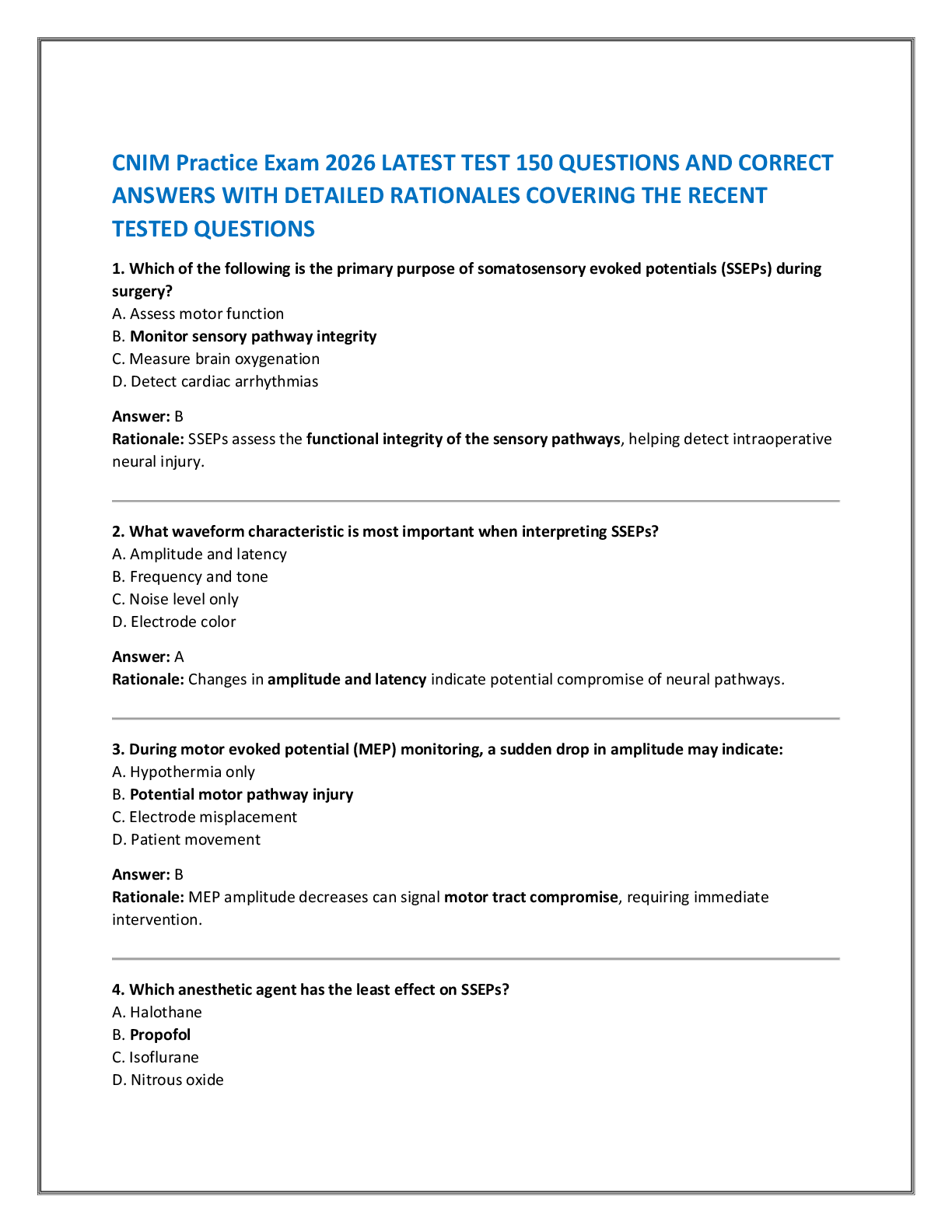 CNIM Practice Exam 2026 LATEST TEST 150 QUESTIONS AND CORRECT  ANSWERS WITH DETAILED RATIONALES COVERING THE RECENT  TESTED QUESTIONS