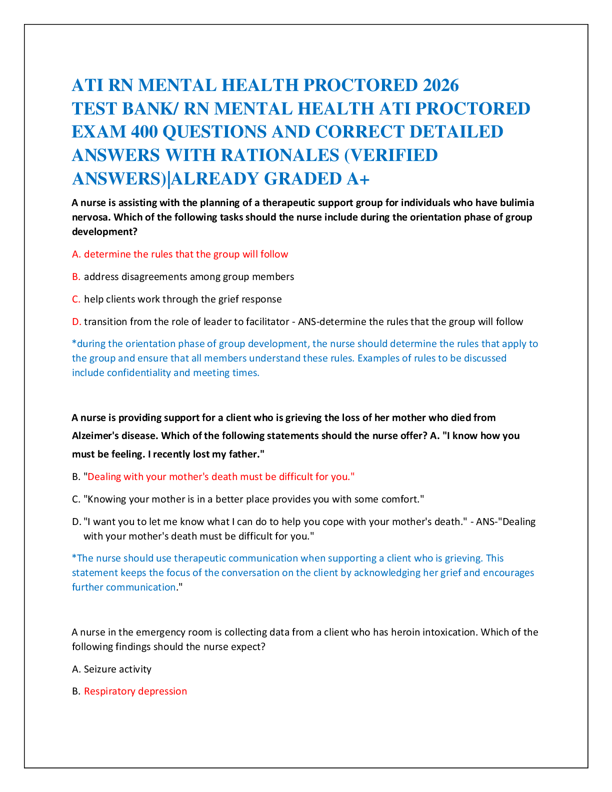 Preview of ATI RN MENTAL HEALTH PROCTORED 2026  TEST BANK/ RN MENTAL HEALTH ATI PROCTORED   EXAM 400