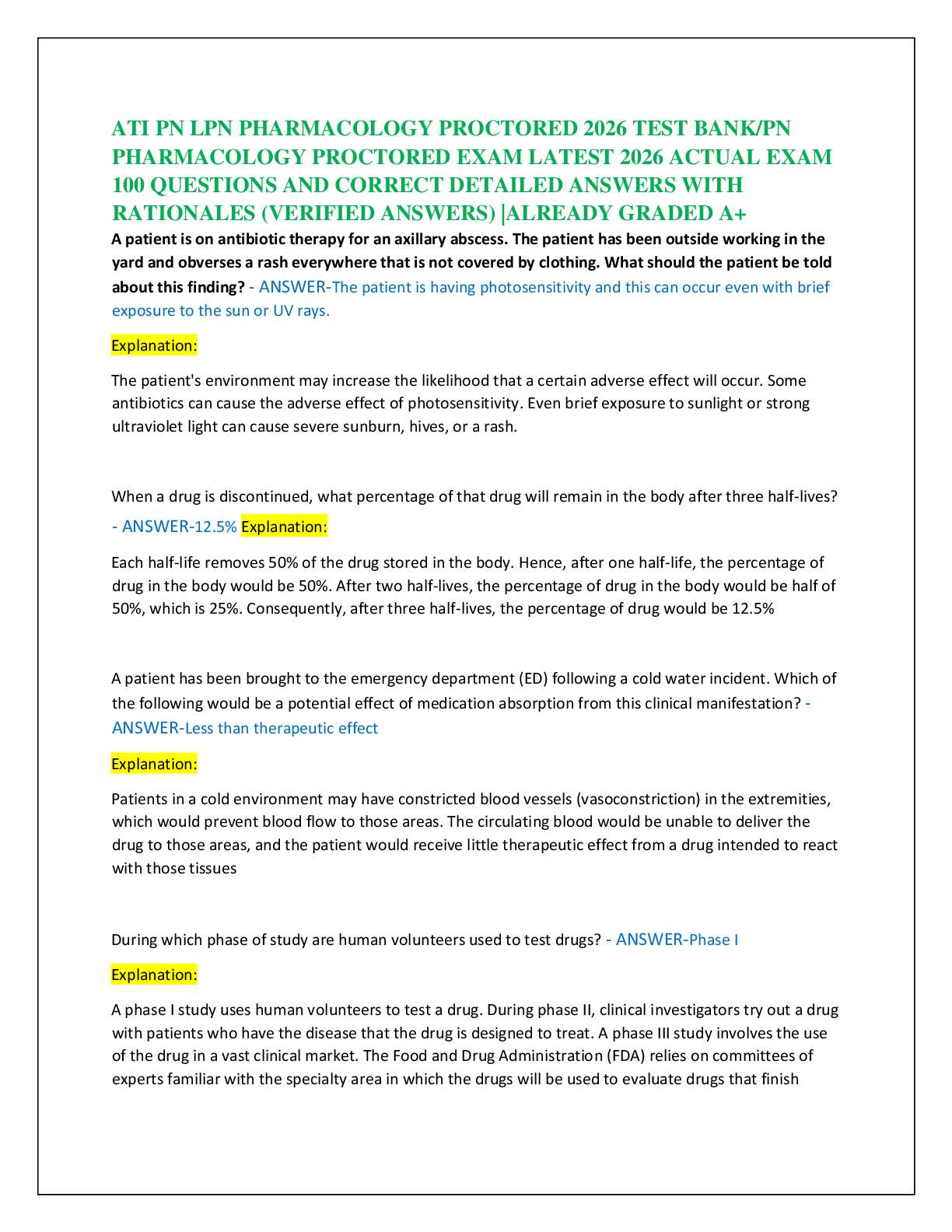 Recommended document preview for ATI PN LPN PHARMACOLOGY PROCTORED 2026 TEST BANK/PN  PHARMACOLOGY PROCTORED EXAM LATEST 2026 ACTUAL EXAM   100 QUESTIONS AND CORRECT DETAILED ANSWERS WITH  RATIONALES (VERIFIED ANSWERS) |ALREADY GRADED A+