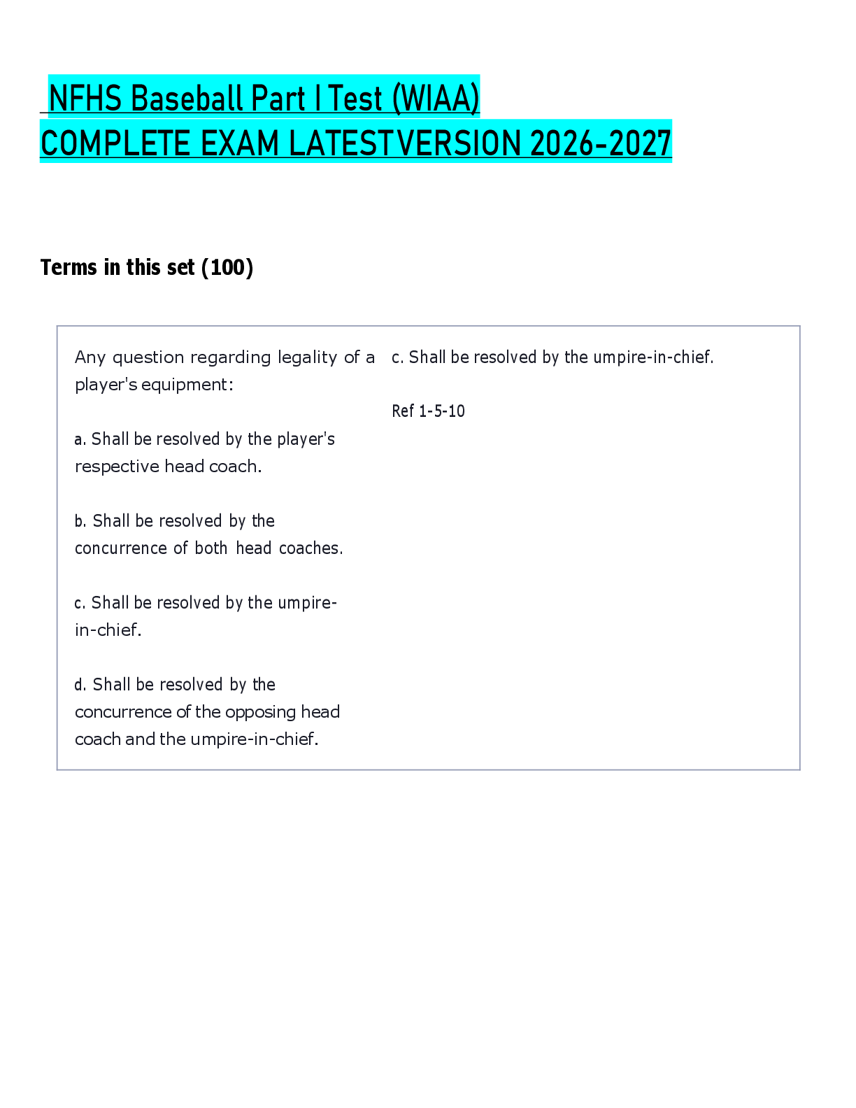 Preview of NFHS Baseball Part I Test (WIAA)  COMPLETE EXAM LATEST VERSION 2026-2027
