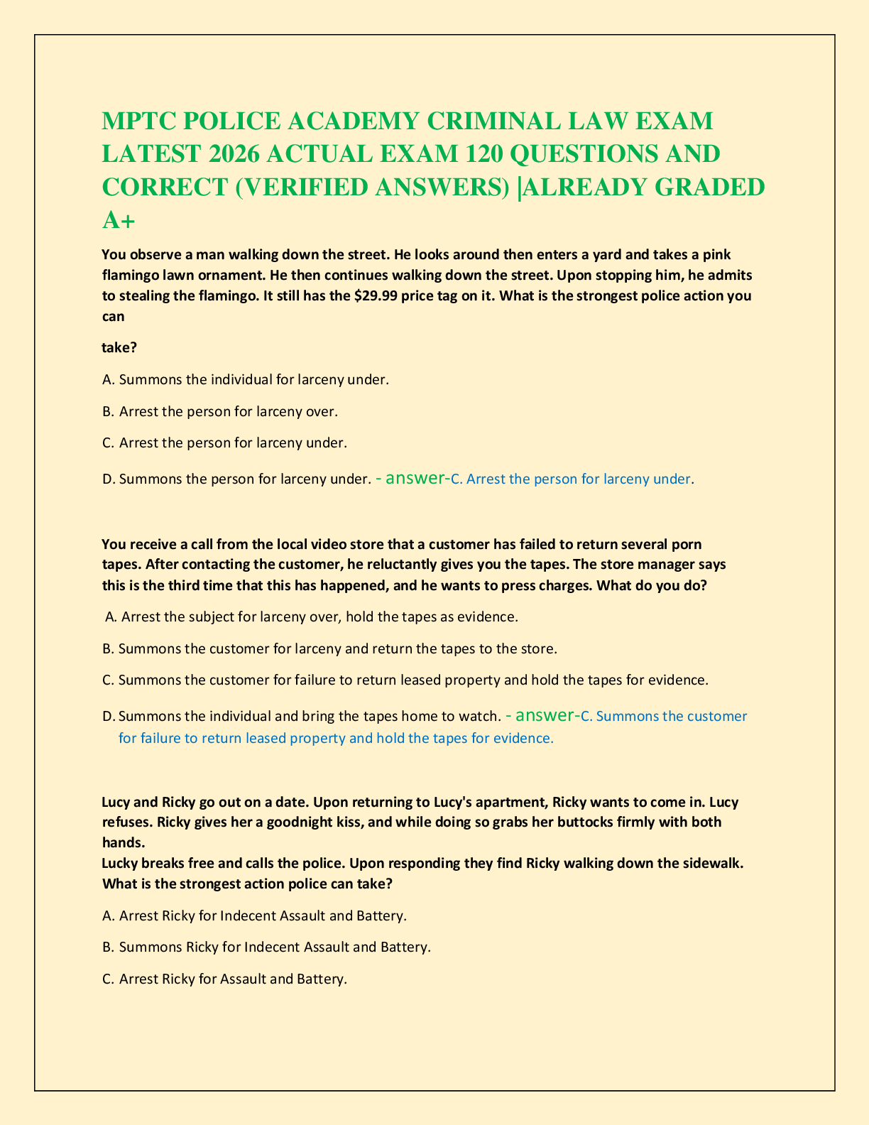 MPTC POLICE ACADEMY CRIMINAL LAW EXAM   LATEST 2026 ACTUAL EXAM 120 QUESTIONS AND   CORRECT (VERIFIED ANSWERS) |ALREADY GRADED  A+