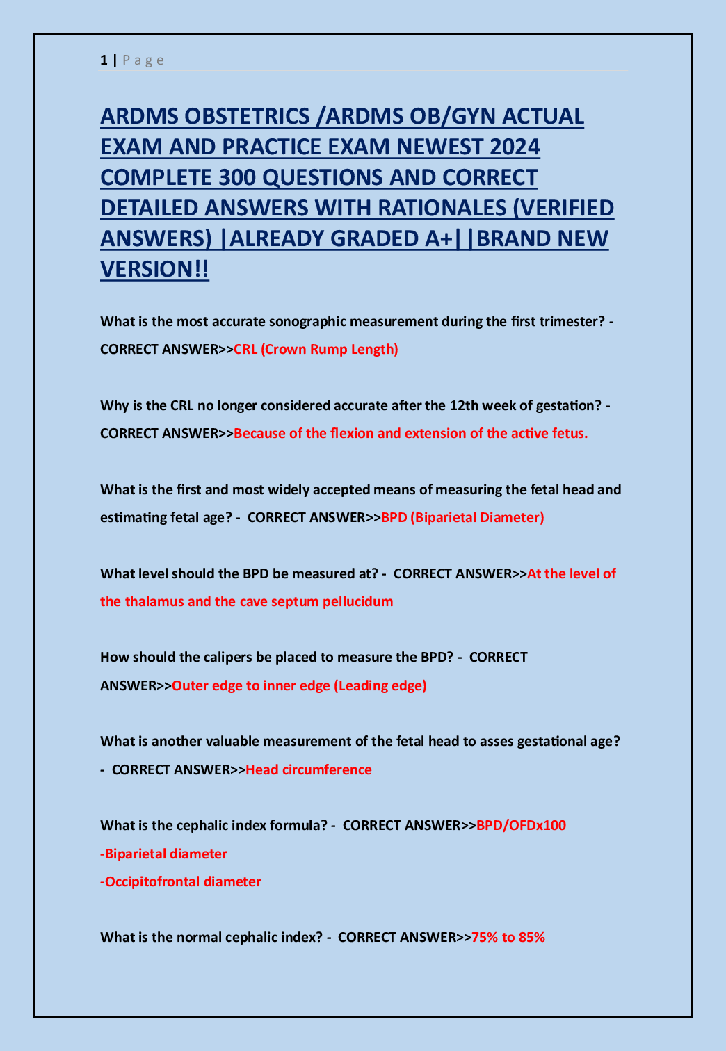 Preview of ARDMS OBSTETRICS /ARDMS OB/GYN ACTUAL  EXAM AND PRACTICE EXAM NEWEST 2024  COMPLETE 300 QU