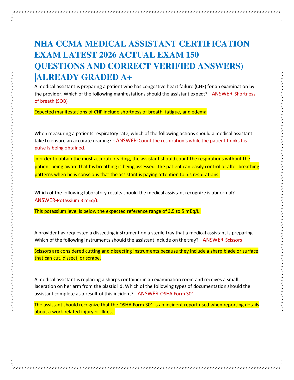 NHA CCMA MEDICAL ASSISTANT CERTIFICATION   EXAM LATEST 2026 ACTUAL EXAM 150   QUESTIONS AND CORRECT VERIFIED ANSWERS)  |ALREADY GRADED A+