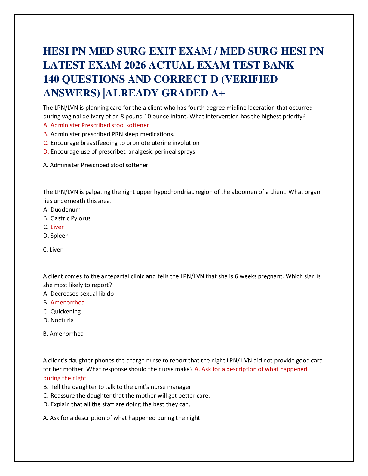 Recommended document preview for HESI PN MED SURG EXIT EXAM / MED SURG HESI PN   LATEST EXAM 2026 ACTUAL EXAM TEST BANK   140 QUESTIONS AND CORRECT D (VERIFIED  ANSWERS) |ALREADY GRADED A+