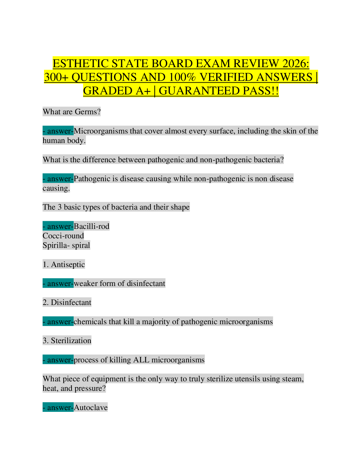 Recommended document preview for ESTHETICS STATE BOARD EXAM COMPREHENSIVE REVIEW 2026-2027: 300+ Questions & 100% Verified Answers - Ultimate Study Guide for Esthetician Licensure | Updated for National-Interstate Council (NIC) & All State Boards | Guaranteed Pass on First Attempt | Graded A+