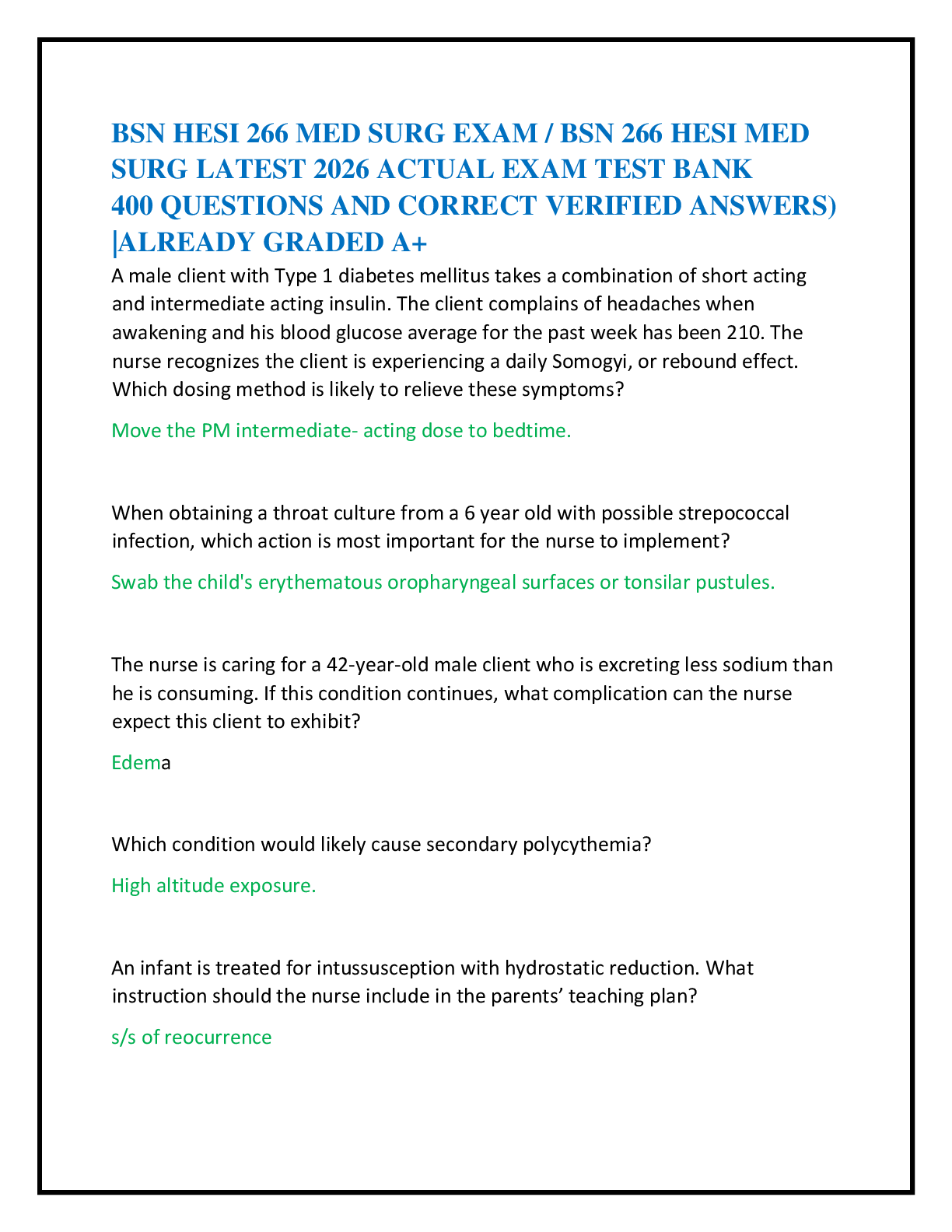 Recommended document preview for BSN HESI 266 MED SURG EXAM / BSN 266 HESI MED   SURG LATEST 2026 ACTUAL EXAM TEST BANK   400 QUESTIONS AND CORRECT VERIFIED ANSWERS)  |ALREADY GRADED A+