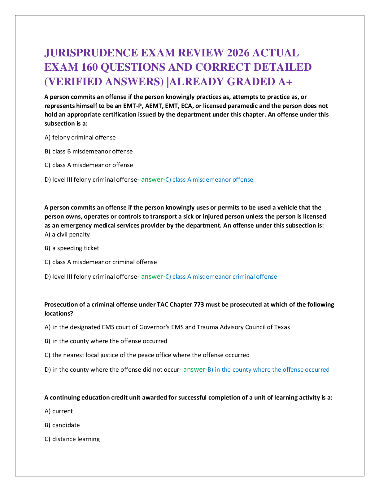 JURISPRUDENCE EXAM REVIEW 2026 ACTUAL   EXAM 160 QUESTIONS AND CORRECT DETAILED   (VERIFIED ANSWERS) |ALREADY GRADED A+