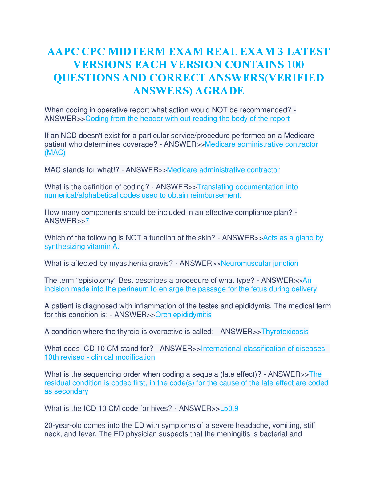 Preview of AAPC CPC MIDTERM EXAM REAL EXAM 3 LATEST VERSIONS EACH VERSION CONTAINS 100 QUESTIONS AND