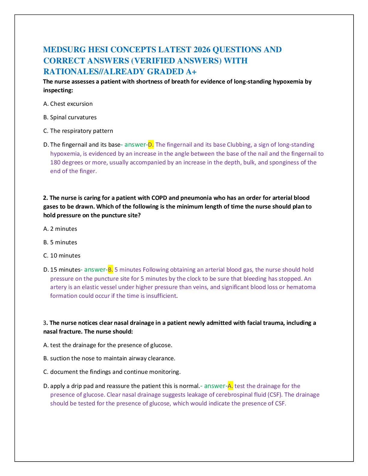 MEDSURG HESI CONCEPTS LATEST 2026 QUESTIONS AND  CORRECT ANSWERS (VERIFIED ANSWERS) WITH  RATIONALES//ALREADY GRADED A+
