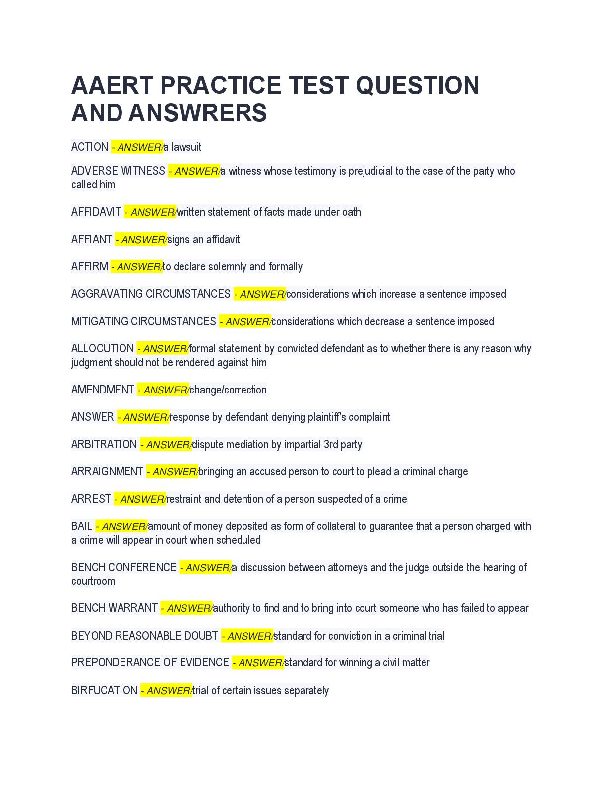 Recommended document preview for AAERT Practice Test Questions and Answers