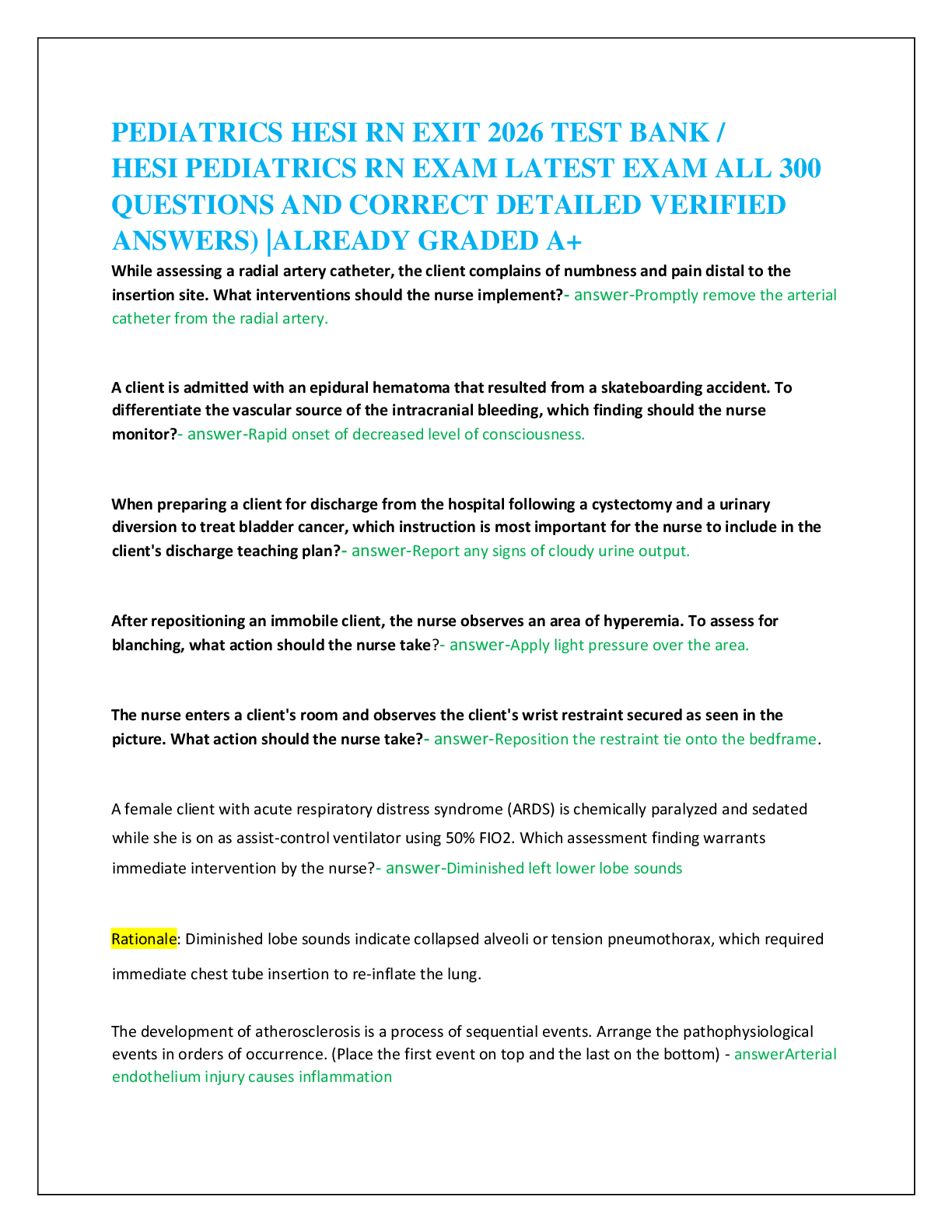 Recommended document preview for PEDIATRICS HESI RN EXIT 2026 TEST BANK /   HESI PEDIATRICS RN EXAM LATEST EXAM ALL 300   QUESTIONS AND CORRECT DETAILED VERIFIED  ANSWERS) |ALREADY GRADED A+
