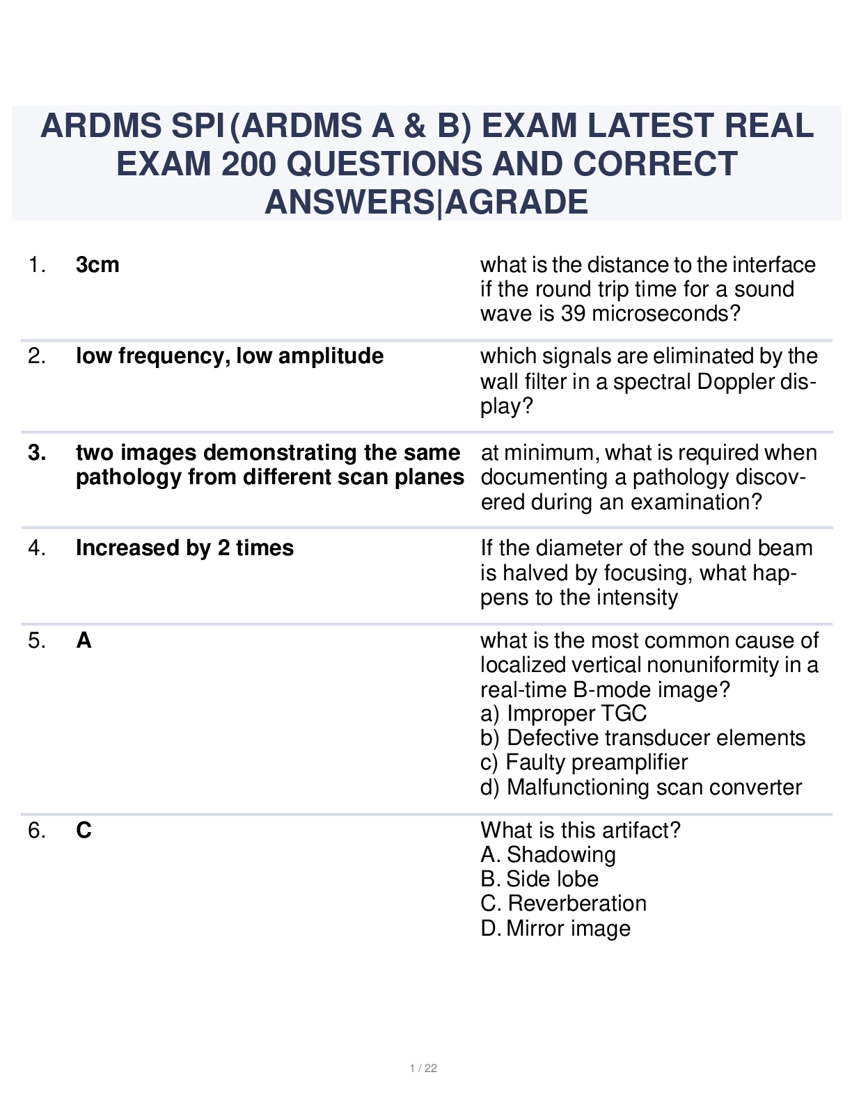 Preview of ARDMS SPI (ARDMS A & B) EXAM LATEST REAL EXAM 200 QUESTIONS AND CORRECT ANSWERS|AGRADE