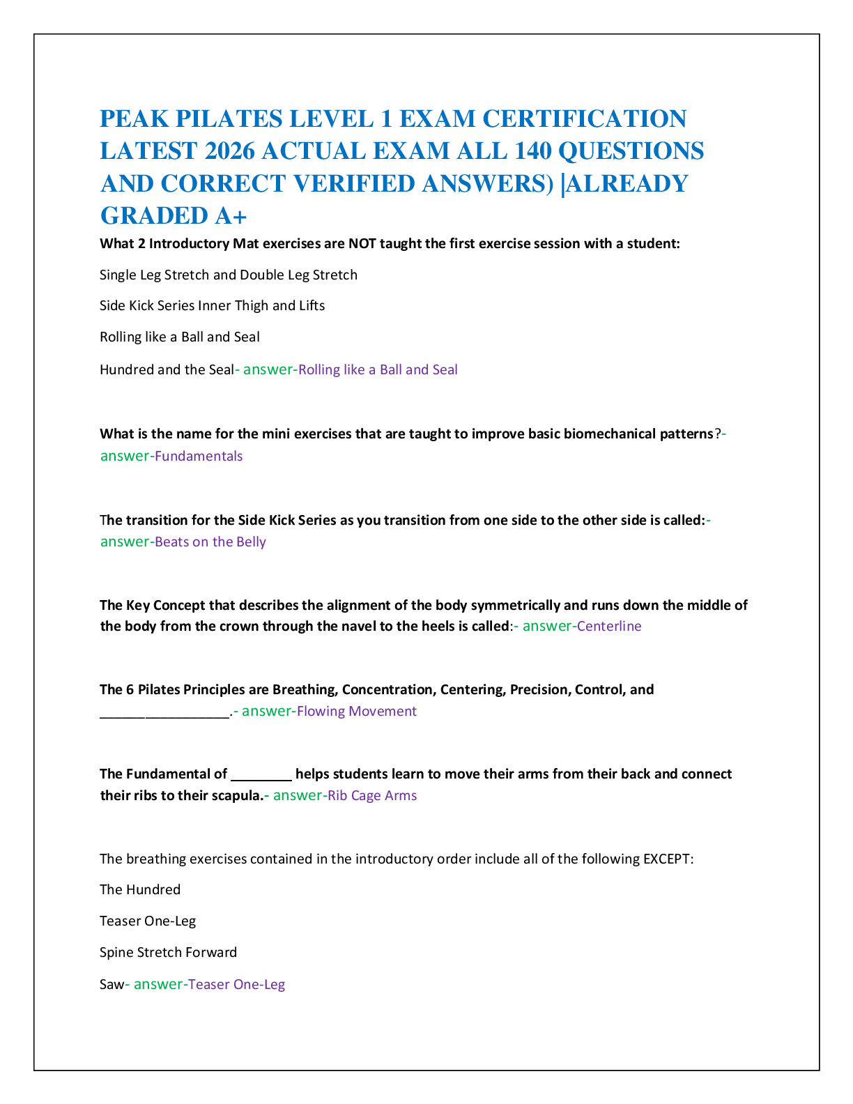 PEAK PILATES LEVEL 1 EXAM CERTIFICATION   LATEST 2026 ACTUAL EXAM ALL 140 QUESTIONS  AND CORRECT VERIFIED ANSWERS) |ALREADY  GRADED A+