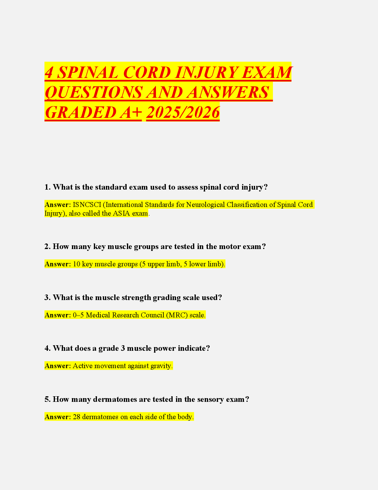 Preview of 4 SPINAL CORD INJURY EXAM  QUESTIONS AND ANSWERS  GRADED A+ 2025/2026