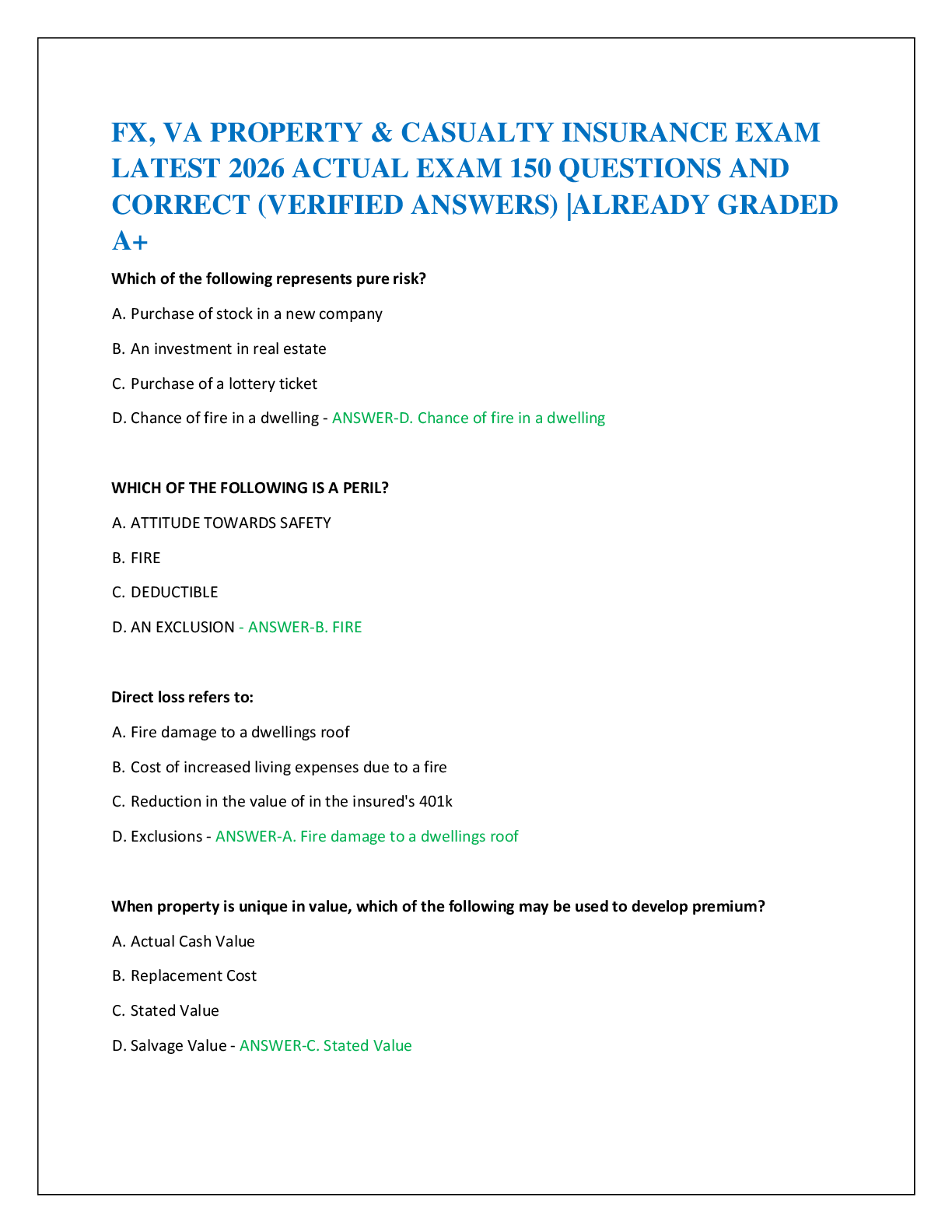 Recommended document preview for FX, VA PROPERTY & CASUALTY INSURANCE EXAM   LATEST 2026 ACTUAL EXAM 300 QUESTIONS AND   CORRECT (VERIFIED ANSWERS) |ALREADY GRADED  A+