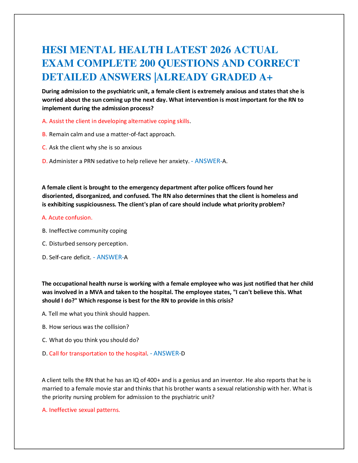 Recommended document preview for HESI MENTAL HEALTH LATEST 2026 ACTUAL   EXAM COMPLETE 200 QUESTIONS AND CORRECT   DETAILED ANSWERS |ALREADY GRADED A+