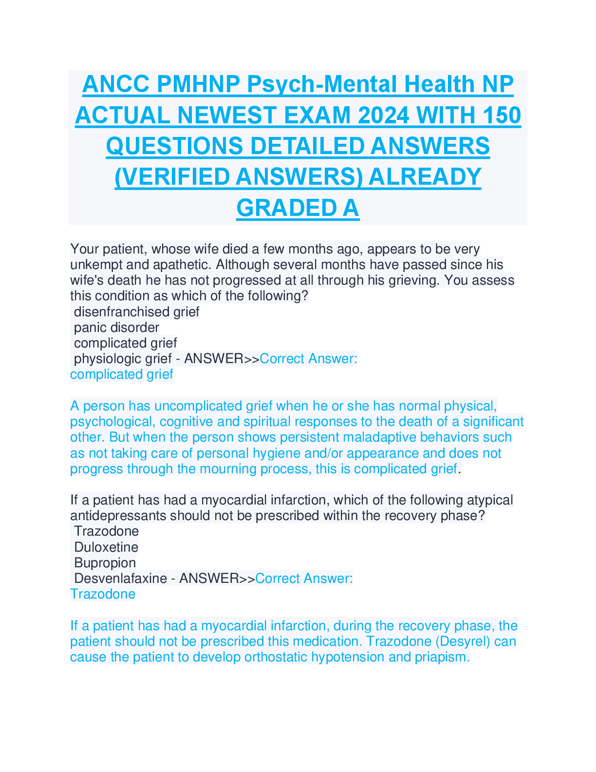 Recommended document preview for ANCC PMHNP Psych-Mental Health NP ACTUAL NEWEST EXAM 2024 WITH 150 QUESTIONS DETAILED ANSWERS (VERIFIED ANSWERS) ALREADY GRADED A