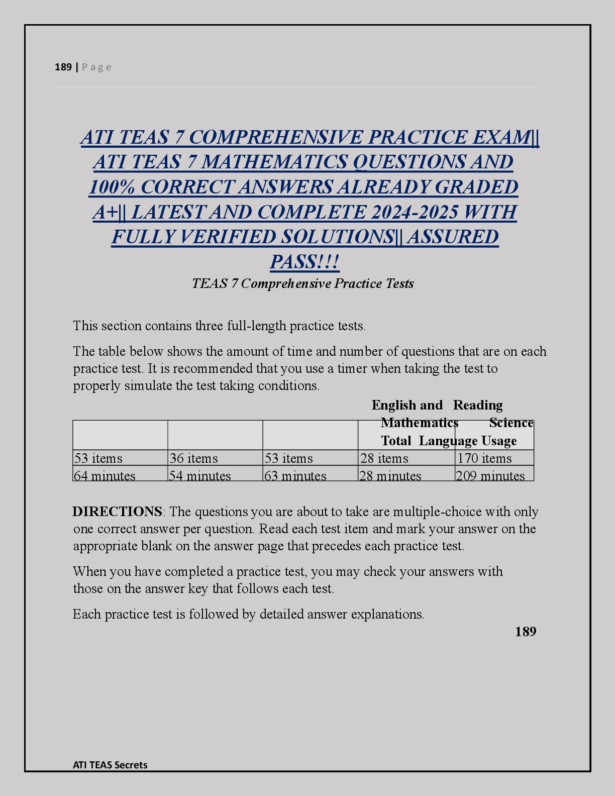 Preview of ATI TEAS 7 COMPREHENSIVE PRACTICE EXAM||  ATI TEAS 7 MATHEMATICS QUESTIONS AND  100% CORRE