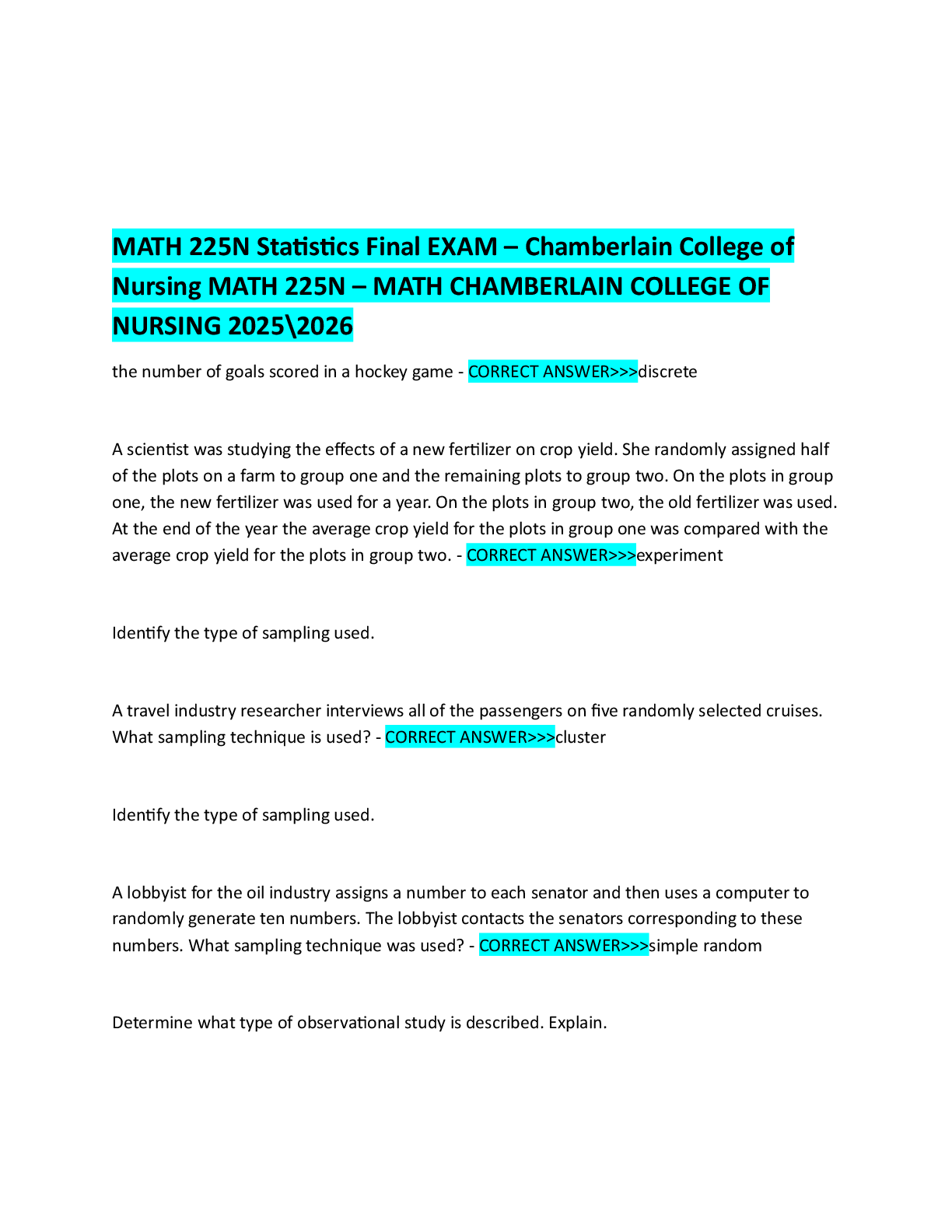 Recommended document preview for MATH 225N Statistics Final EXAM – Chamberlain College of Nursing MATH 225N – MATH CHAMBERLAIN COLLEGE OF NURSING 2025\2026