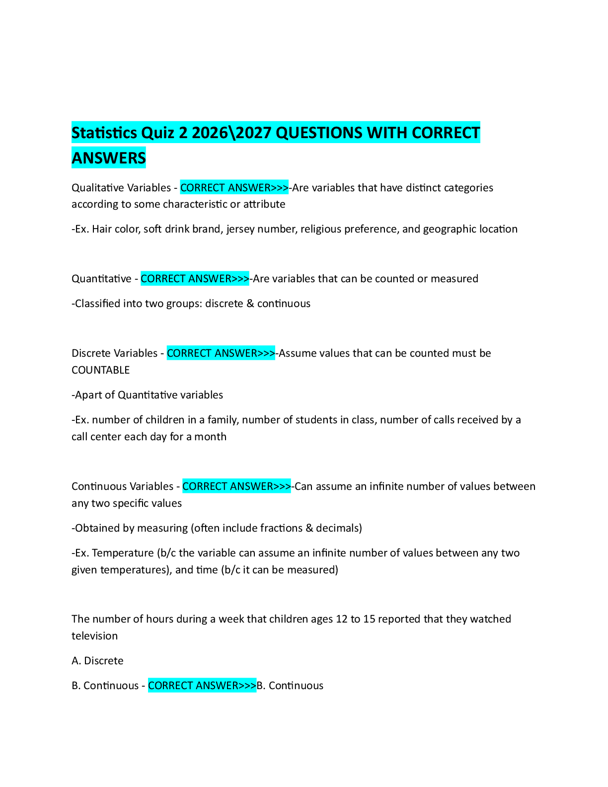 Recommended document preview for Statistics Quiz 2 2026\2027 QUESTIONS WITH CORRECT ANSWERS