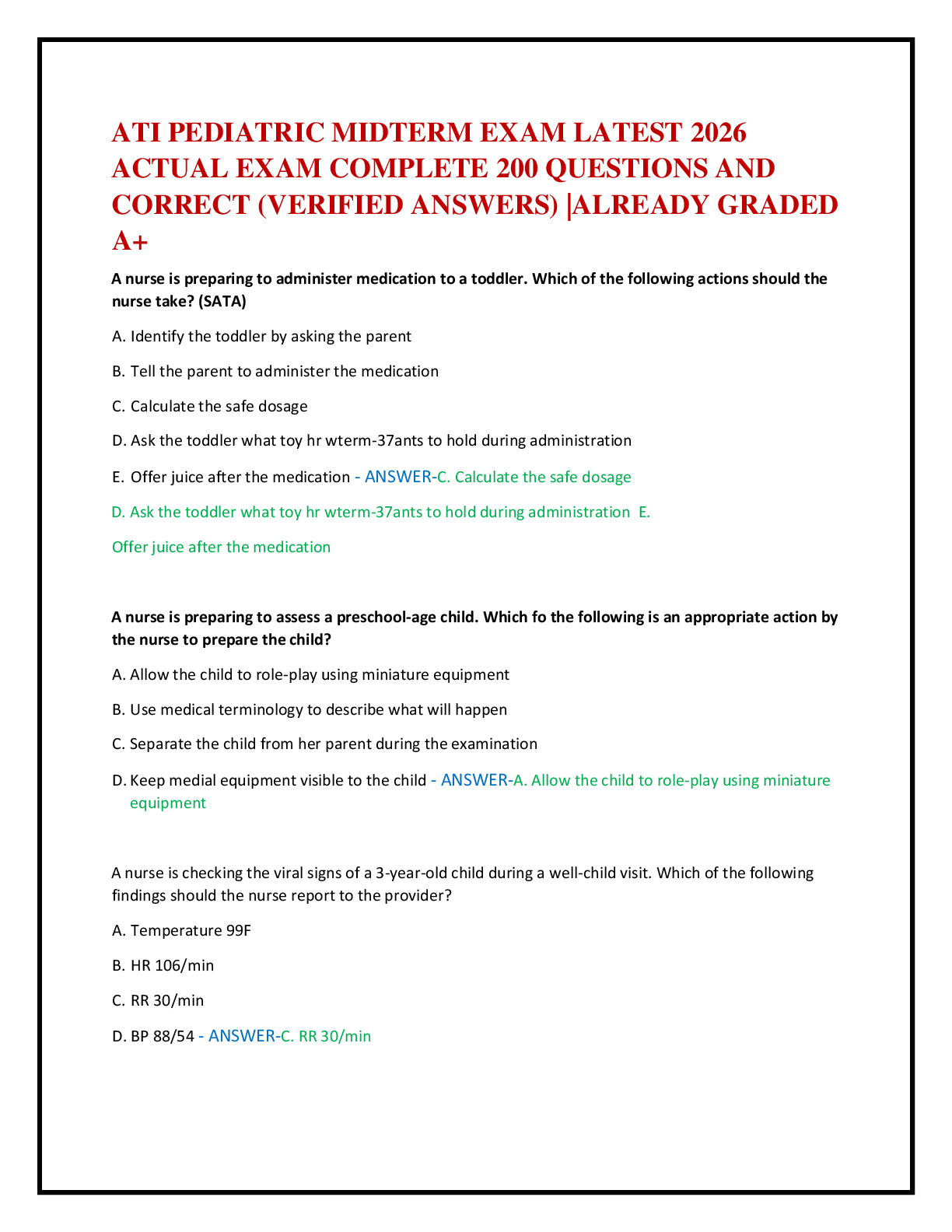 ATI PEDIATRIC MIDTERM EXAM LATEST 2026   ACTUAL EXAM COMPLETE 200 QUESTIONS AND   CORRECT (VERIFIED ANSWERS) |ALREADY GRADED  A+
