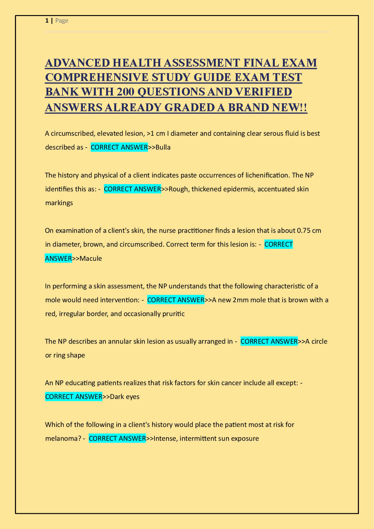 ADVANCED HEALTH ASSESSMENT FINAL EXAM COMPREHENSIVE STUDY GUIDE EXAM TEST BANK WITH 200 QUESTIONS AND VERIFIED ANSWERS ALREADY GRADED A BRAND NEW!!