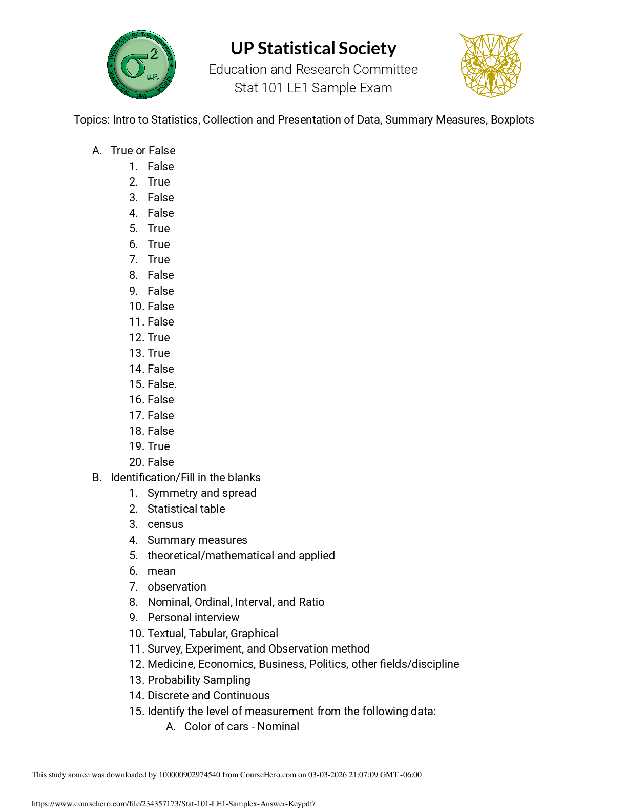 Preview of Stat 101 LE1 Sample Exam -  Intro to Statistics, Collection and Presentation of Data, Summary Measures, Boxplots | UP Statistical Society Education and Research Committee
