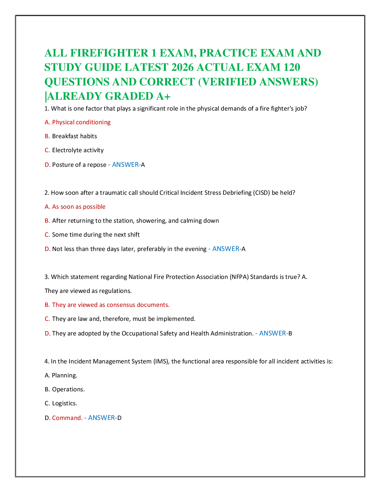 Recommended document preview for ALL FIREFIGHTER 1 EXAM, PRACTICE EXAM AND   STUDY GUIDE LATEST 2026 ACTUAL EXAM 120   QUESTIONS AND CORRECT (VERIFIED ANSWERS)  |ALREADY GRADED A+