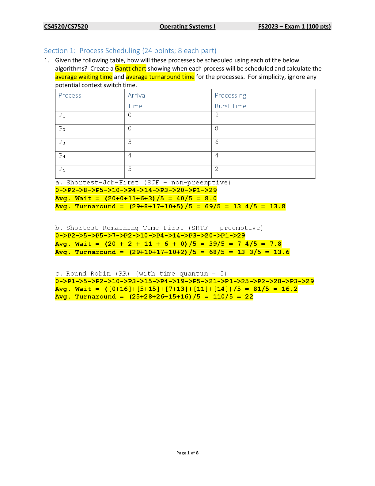 Recommended document preview for CS4520 FS2023 Exam 1 - Key | CMP_SC 4520 Operating Systems EXAM 1
