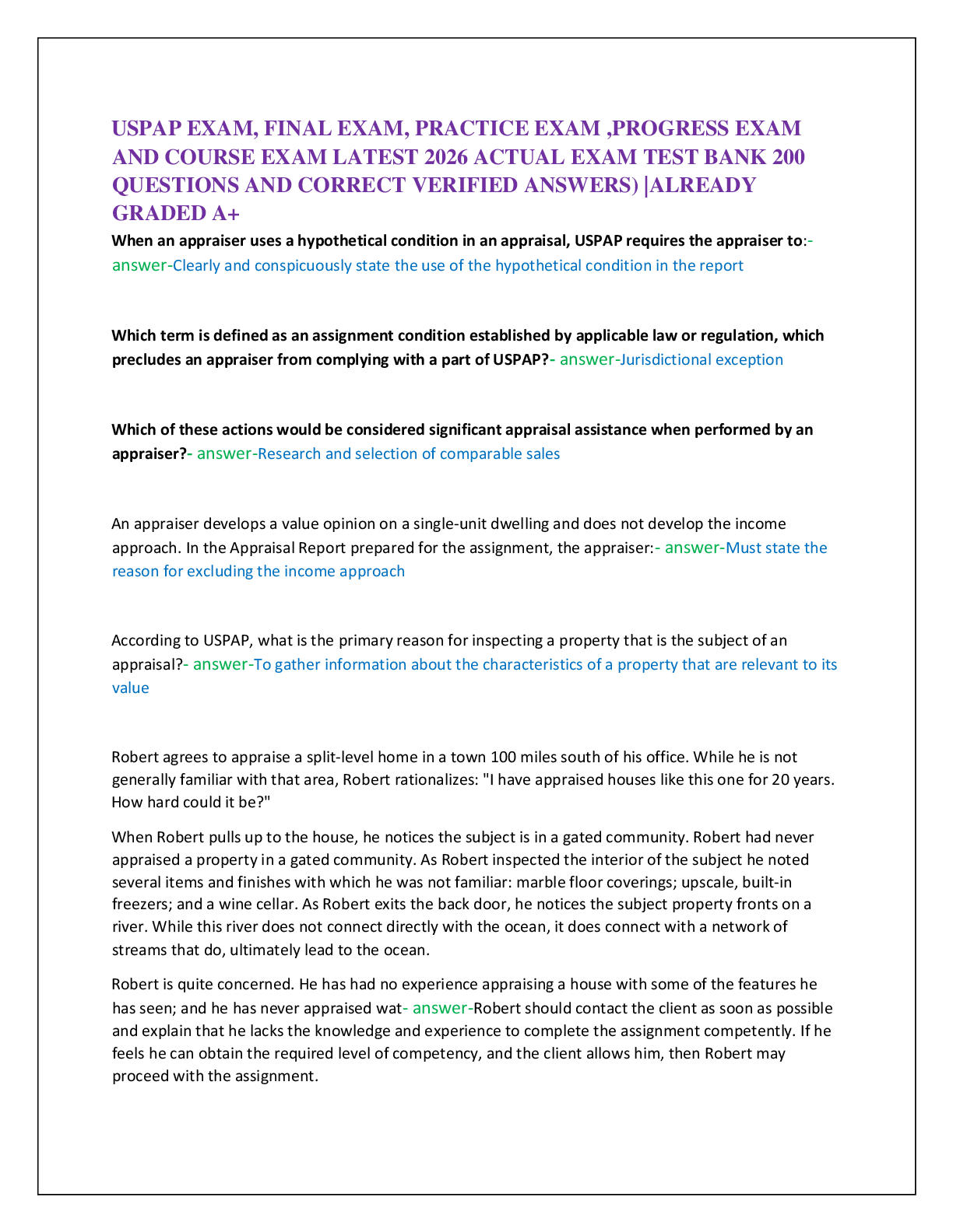 USPAP EXAM, FINAL EXAM, PRACTICE EXAM ,PROGRESS EXAM  AND COURSE EXAM LATEST 2026 ACTUAL EXAM TEST BANK 200  QUESTIONS AND CORRECT VERIFIED ANSWERS) |ALREADY  GRADED A+