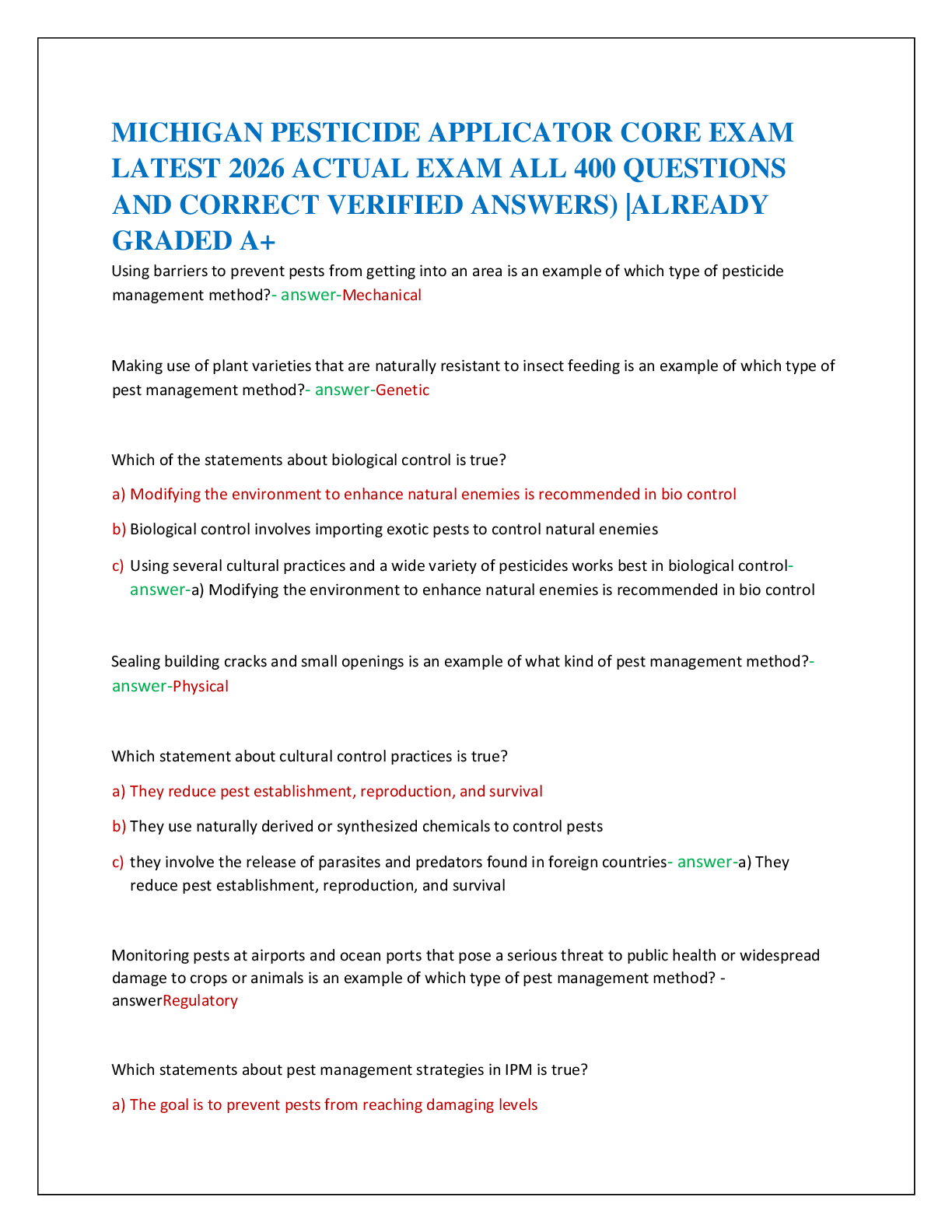 Recommended document preview for MICHIGAN PESTICIDE APPLICATOR CORE EXAM   LATEST 2026 ACTUAL EXAM ALL 400 QUESTIONS  AND CORRECT VERIFIED ANSWERS) |ALREADY  GRADED A+