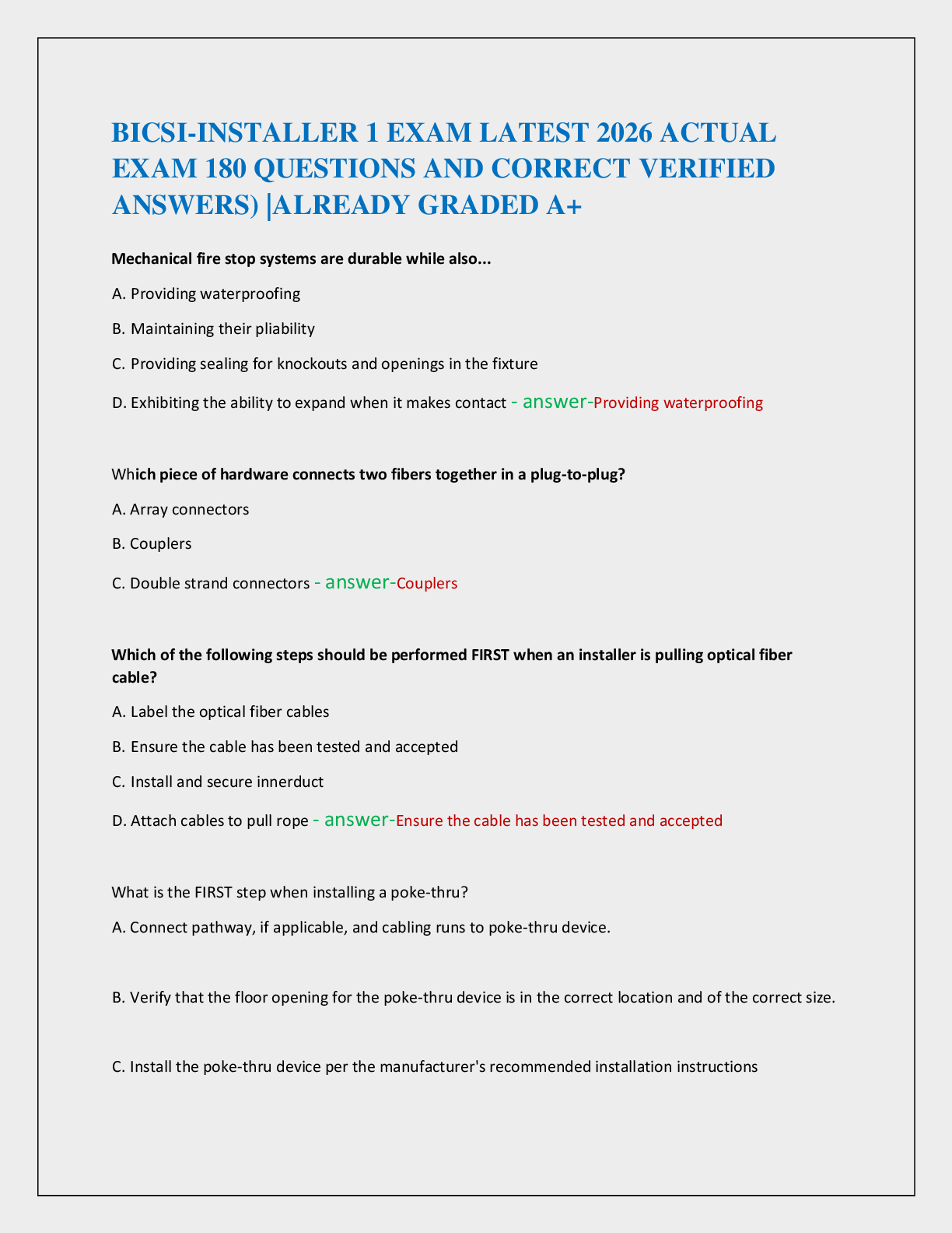 Recommended document preview for BICSI-INSTALLER 1 EXAM LATEST 2026 ACTUAL  EXAM 180 QUESTIONS AND CORRECT VERIFIED  ANSWERS) |ALREADY GRADED A+