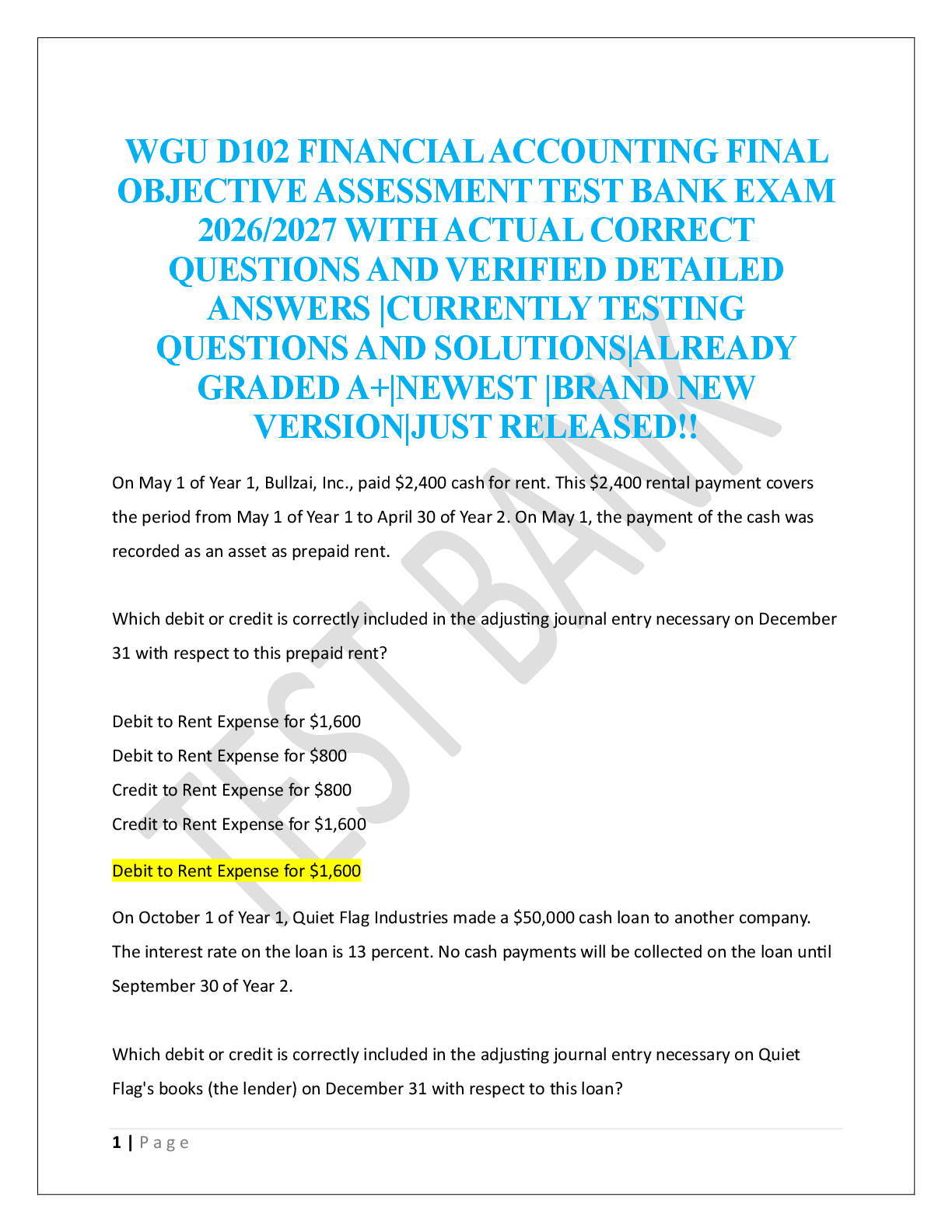 Preview of WGU D102 FINANCIAL ACCOUNTING FINAL  OBJECTIVE ASSESSMENT TEST BANK EXAM