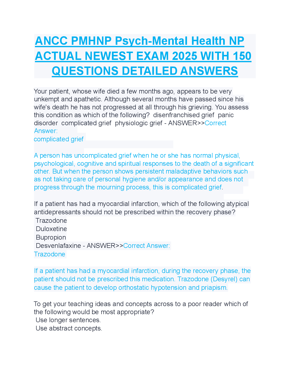 Recommended document preview for ANCC PMHNP Psych-Mental Health NP ACTUAL NEWEST EXAM 2025 WITH 150 QUESTIONS DETAILED ANSWERS
