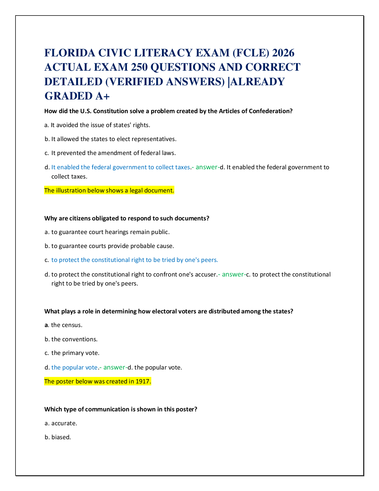 FLORIDA CIVIC LITERACY EXAM (FCLE) 2026   ACTUAL EXAM 250 QUESTIONS AND CORRECT   DETAILED (VERIFIED ANSWERS) |ALREADY  GRADED A+