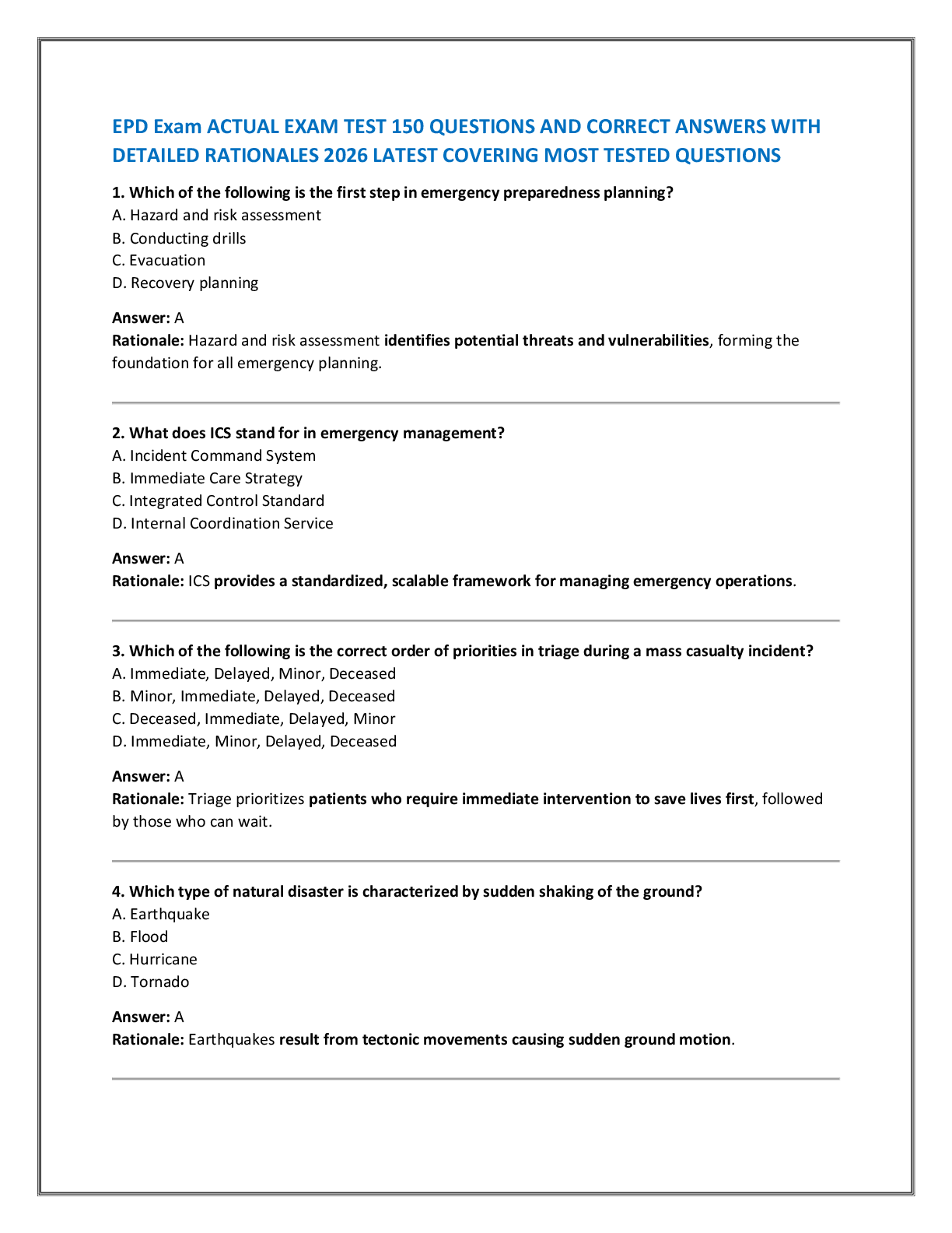 Preview of EPD Exam ACTUAL EXAM TEST 150 QUESTIONS AND CORRECT ANSWERS WITH  DETAILED RATIONALES 2026