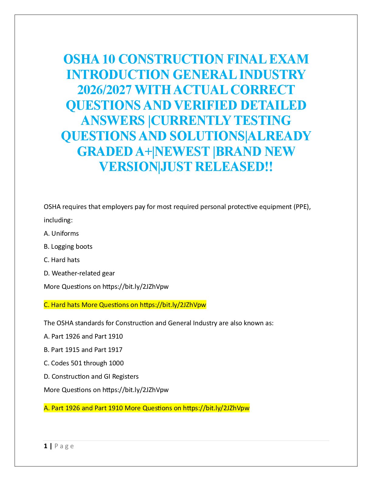 Recommended document preview for OSHA 10 CONSTRUCTION FINAL EXAM  INTRODUCTION GENERAL INDUSTRY  2026/2027