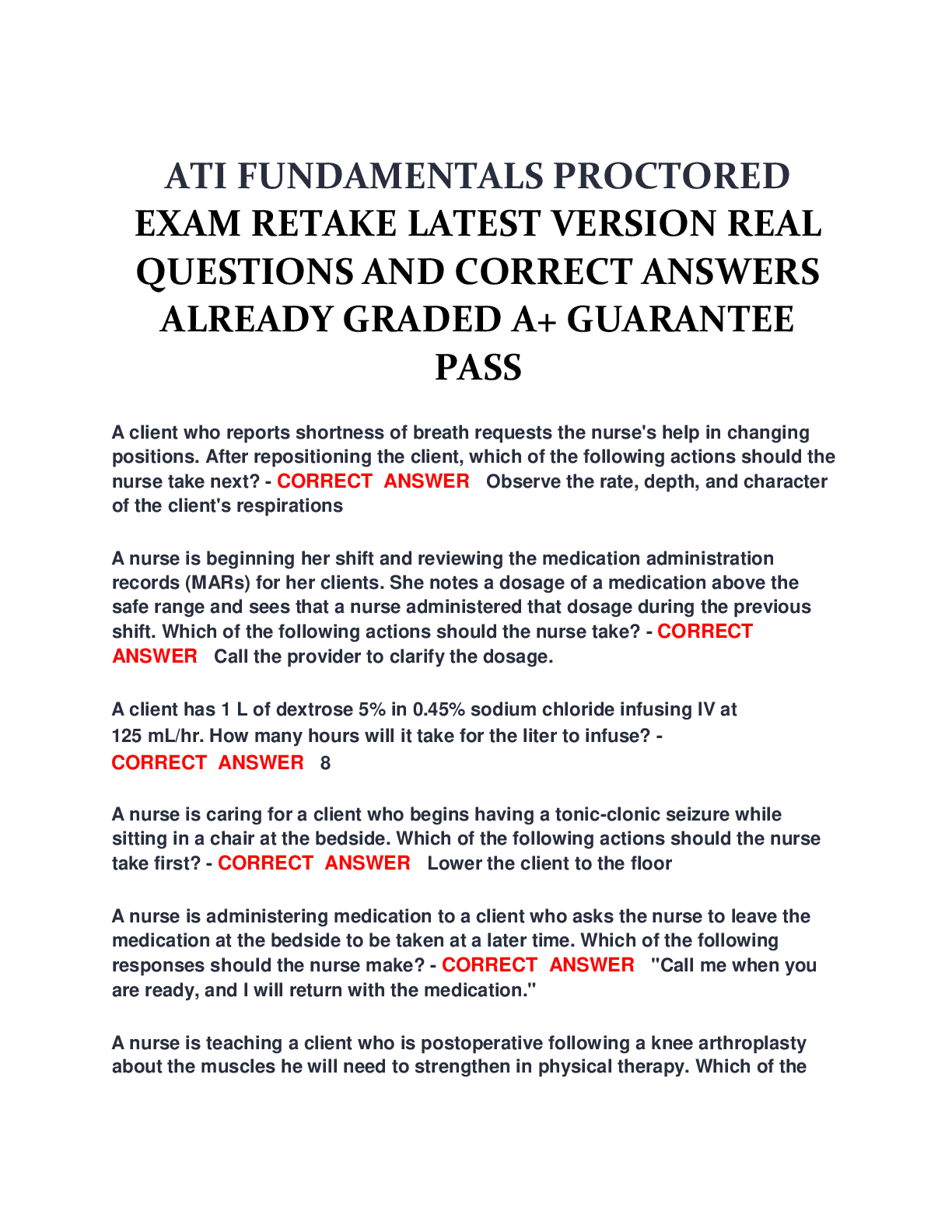 Preview of ATI FUNDAMENTALS PROCTORED EXAM RETAKE LATEST VERSION REAL QUESTIONS AND CORRECT ANSWERS A