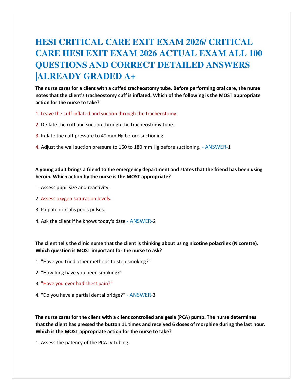 HESI CRITICAL CARE EXIT EXAM 2026/ CRITICAL   CARE HESI EXIT EXAM 2026 ACTUAL EXAM ALL 100   QUESTIONS AND CORRECT DETAILED ANSWERS  |ALREADY GRADED A+