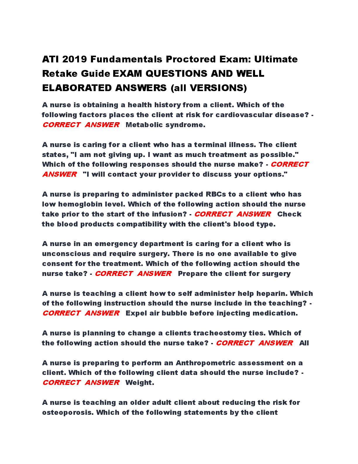 Preview of ATI 2019 Fundamentals Proctored Exam: Ultimate Retake Guide EXAM QUESTIONS AND WELL ELABOR