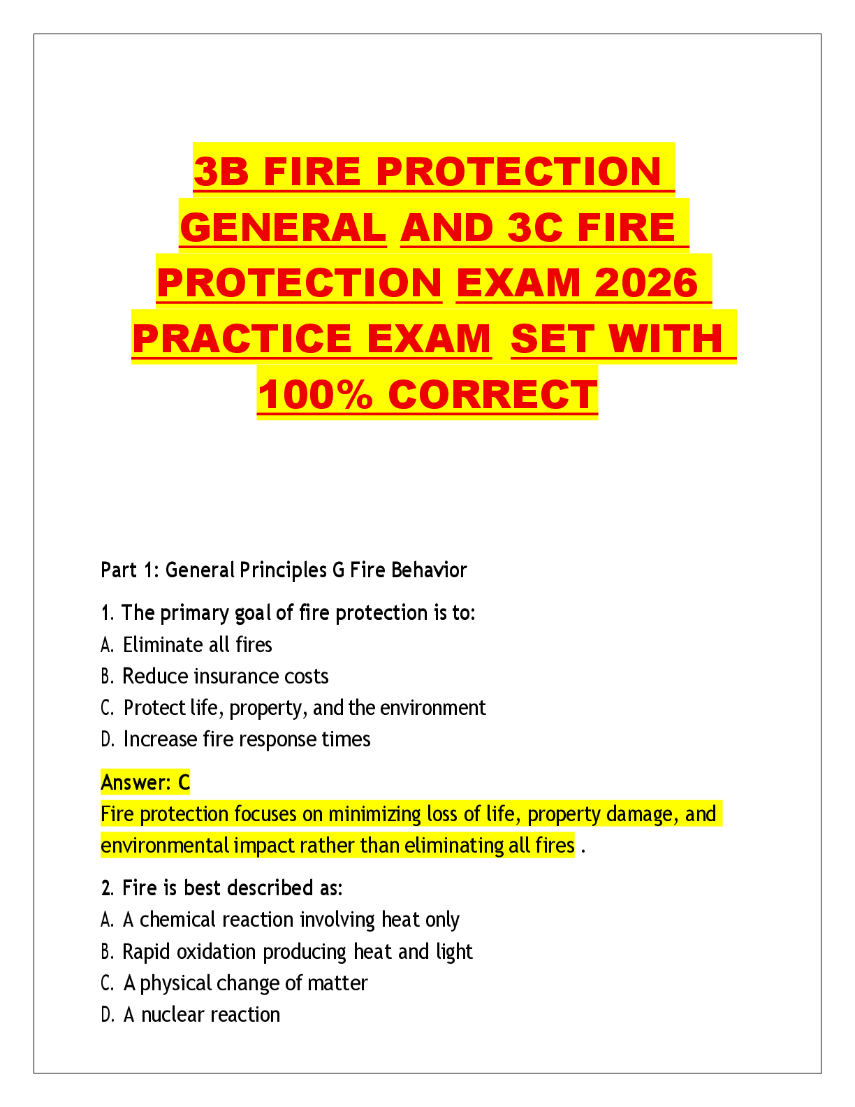 Preview image for 3B FIRE PROTECTION  GENERAL AND 3C FIRE  PROTECTION EXAM 2026  PRACTICE EXAM SET WITH  100% CORRECT