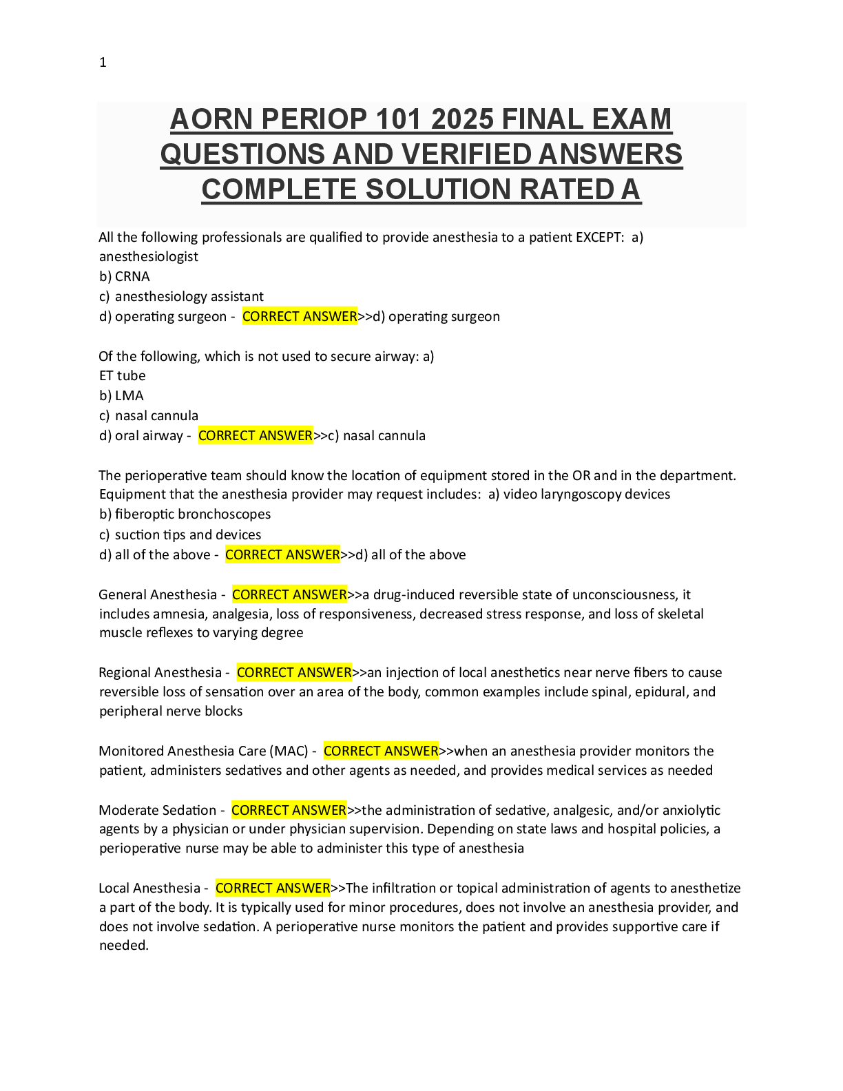 Recommended document preview for AORN PERIOP 101 2025 FINAL EXAM QUESTIONS AND VERIFIED ANSWERS COMPLETE SOLUTION RATED A