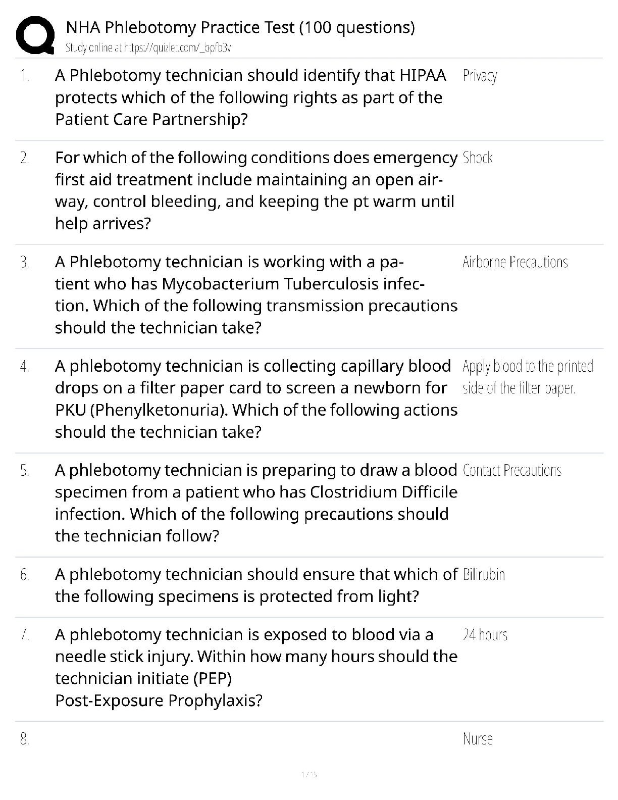 Recommended document preview for NHA Phlebotomy Practice Test / ALHL 205 Study Guide / 100 Questions / Score 100%