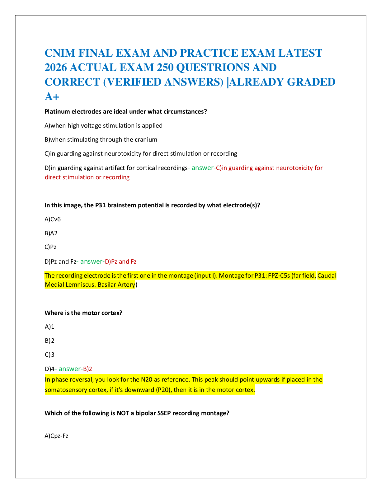 Recommended document preview for CNIM FINAL EXAM AND PRACTICE EXAM LATEST   2026 ACTUAL EXAM 250 QUESTRIONS AND   CORRECT (VERIFIED ANSWERS) |ALREADY GRADED  A+