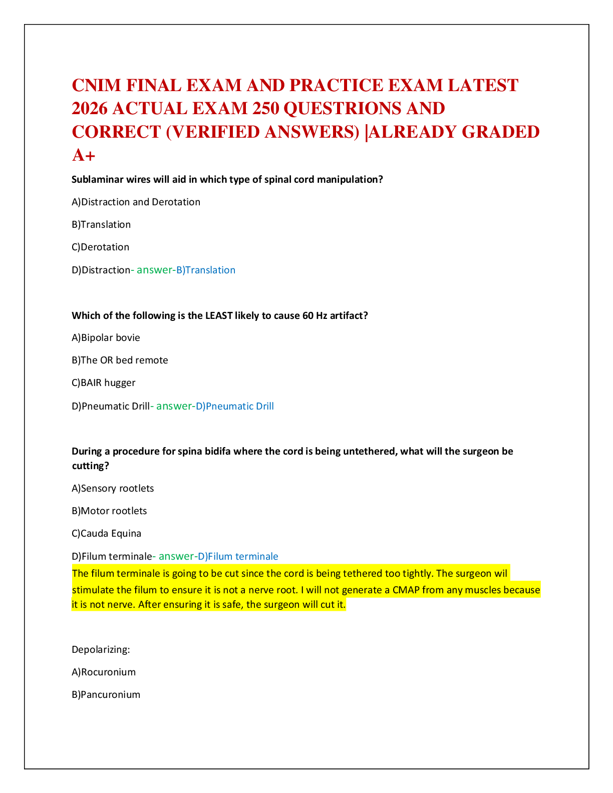 CNIM FINAL EXAM AND PRACTICE EXAM LATEST   2026 ACTUAL EXAM 250 QUESTRIONS AND   CORRECT (VERIFIED ANSWERS) |ALREADY GRADED  A+