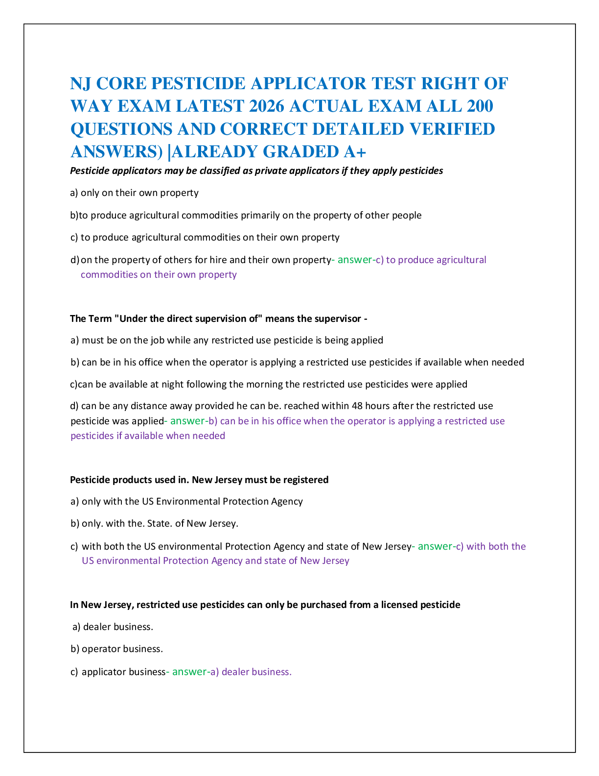 NJ CORE PESTICIDE APPLICATOR TEST RIGHT OF   WAY EXAM LATEST 2026 ACTUAL EXAM ALL 200  QUESTIONS AND CORRECT DETAILED VERIFIED  ANSWERS) |ALREADY GRADED A+