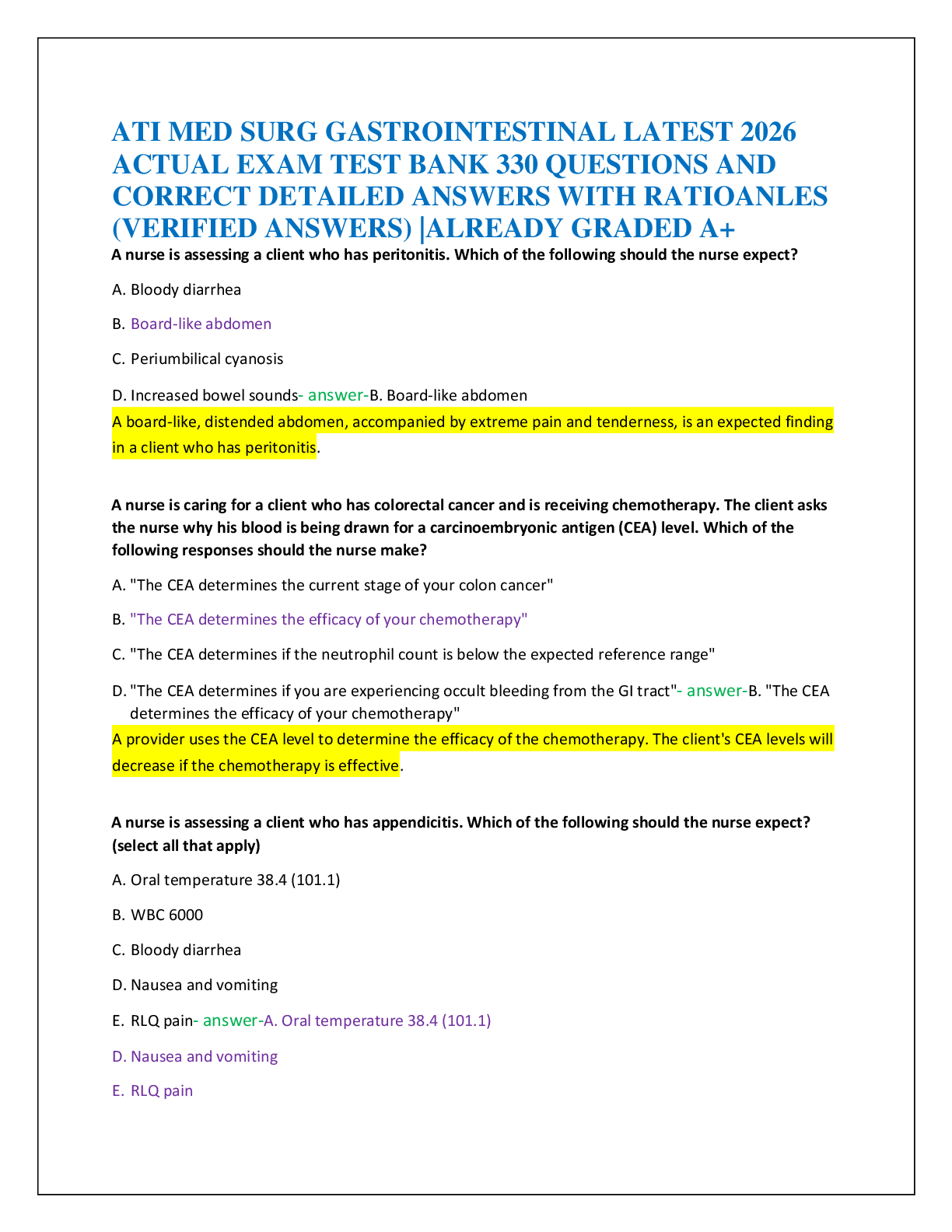 ATI MED SURG GASTROINTESTINAL LATEST 2026  ACTUAL EXAM TEST BANK 330 QUESTIONS AND  CORRECT DETAILED ANSWERS WITH RATIOANLES  (VERIFIED ANSWERS) |ALREADY GRADED A+